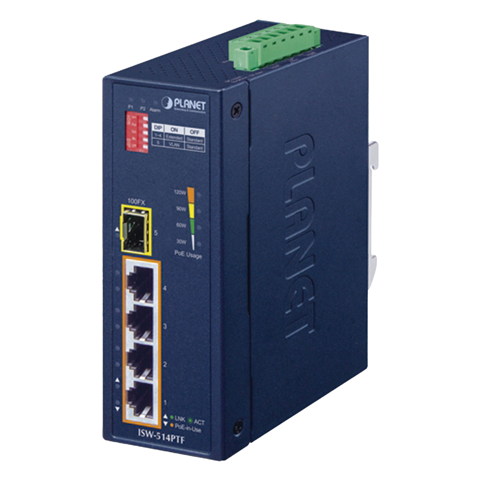 Switch Industrial PoE / 4 Puertos 10/100 Mbps / 1 Puerto 100Base-FX / Rango -40 a 75°C (-40 a 167°F) / IP30 / Conmutación 1 Gbps