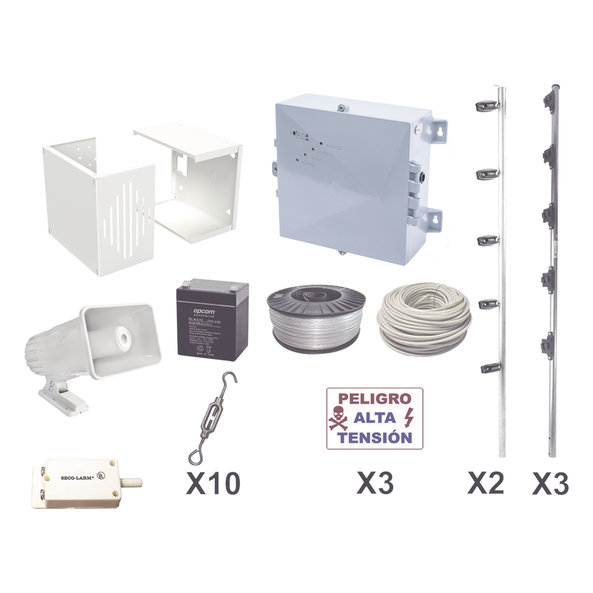 Kit de Cerco Eléctrico Perimetral / 25 m (82 ft) / 12,000V / Consumo 1.2 kW/mes / Tecnología SMT / Respaldo con Batería — YONUSA · SKU YPROKIT25F