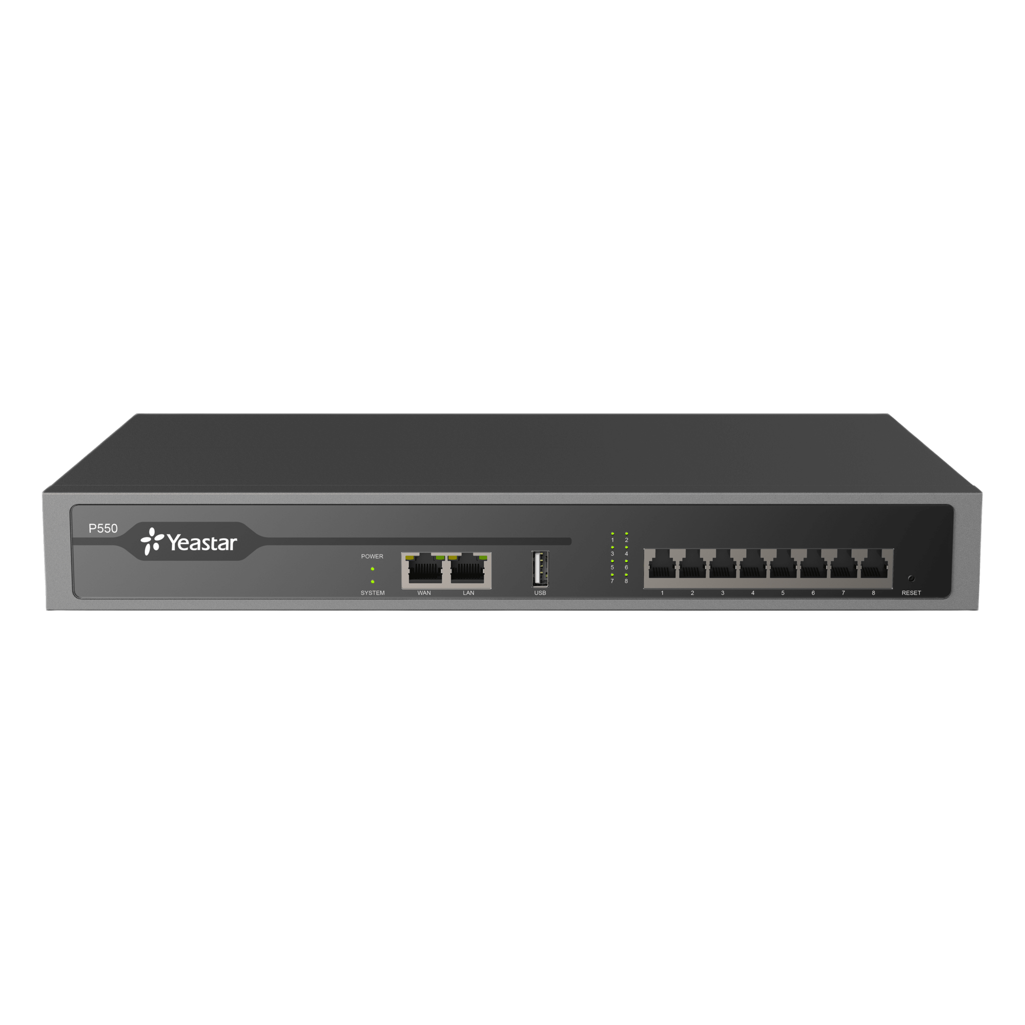 Conmutador IP PBX Enterprise / 50 Extensiones SIP / 25 Llamadas Simultáneas / Hasta 8 Puertos FXO/FXS/BRI / Omnicanal WhatsApp, Facebook, SMS / Transcripción IA / Call Center Integrado — YEASTAR · SKU P550