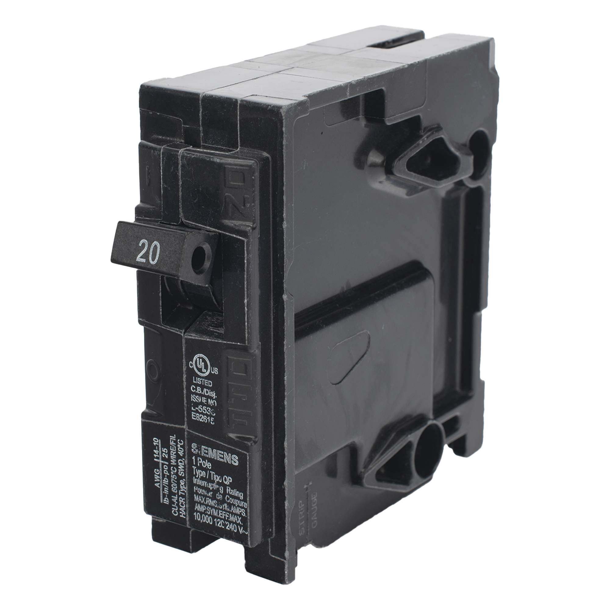 Interruptor Automático Enchufable / 1 Polo / 20 A / 240 VCA / Capacidad Interruptiva 10 kA / UL 489 — SIEMENS · SKU Q120