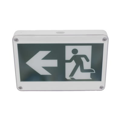 Letrero EXTERIOR de Señalización salida "Hombre Corriendo"/ Alto brillo / Uso en pared, lateral o techo / Batería de Respaldo Incluida con hasta 120 minutos de duración 