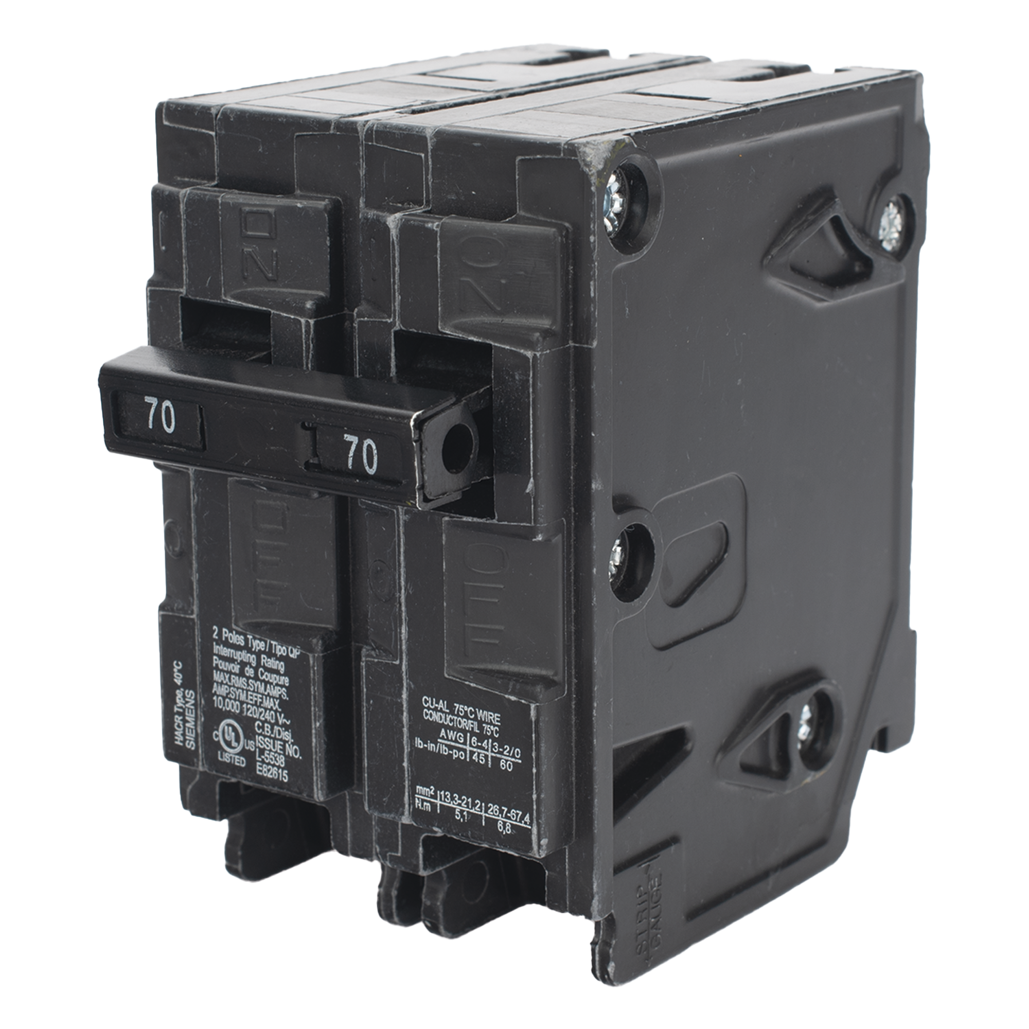Interruptor Automático Enchufable / 2 Polos / 70 A / 120/240 V AC / 10 kAIC / Tipo QP — SIEMENS · SKU Q270