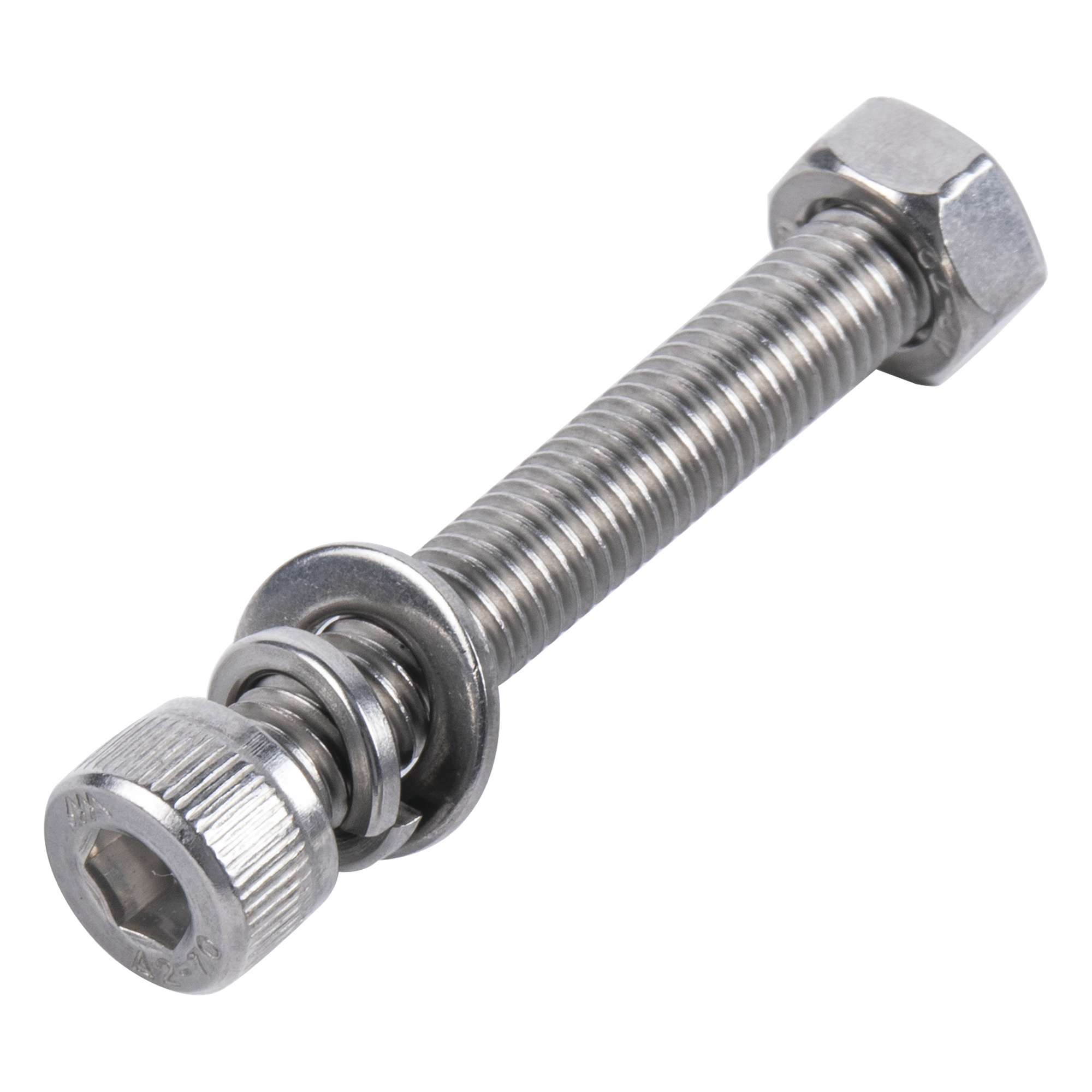 Kit de Fijación Mecánica / Tornillo Allen M8-1.25 x 60 mm / Acero Inoxidable 304 / Resistencia 85,000-150,000 psi / Arandelas Plana y de Presión / Montaje Fotovoltaico — DMT · SKU 950-5080-604