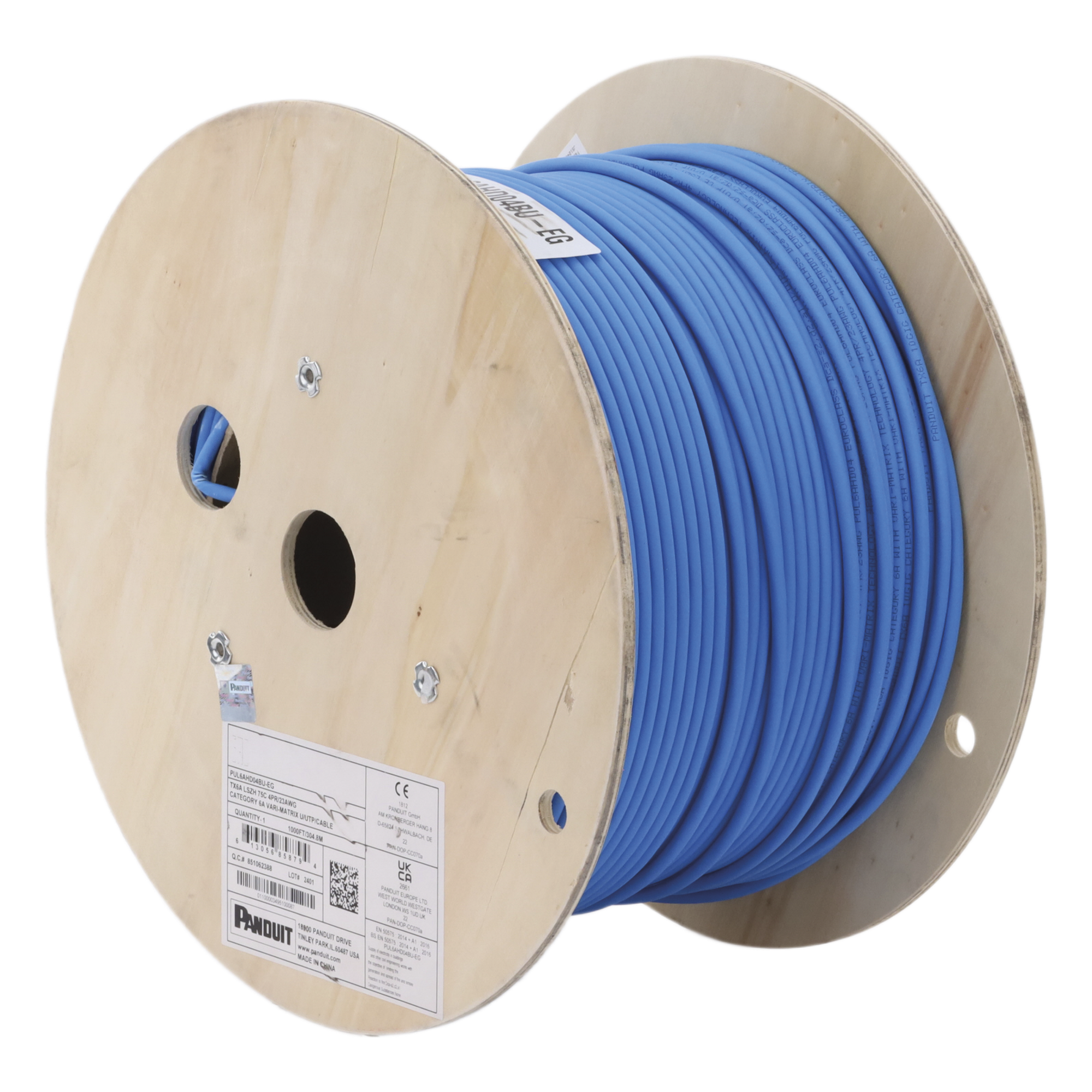 Bobina de Cable UTP Cat6A / 23 AWG / LSZH-3 / 305 m (1000 pies) / Vari-MaTriX HD / 10GBase-T / PoE++ 60W — PANDUIT · SKU PUL6AHD04BU-EG