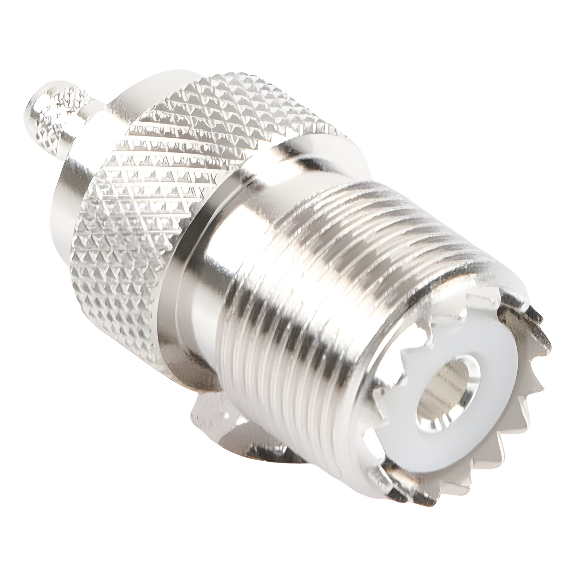 Conector UHF Hembra / SO-239 / Anillo Plegable / Cable RG-58/U y RG-142/U / Níquel y Plata / Delrin