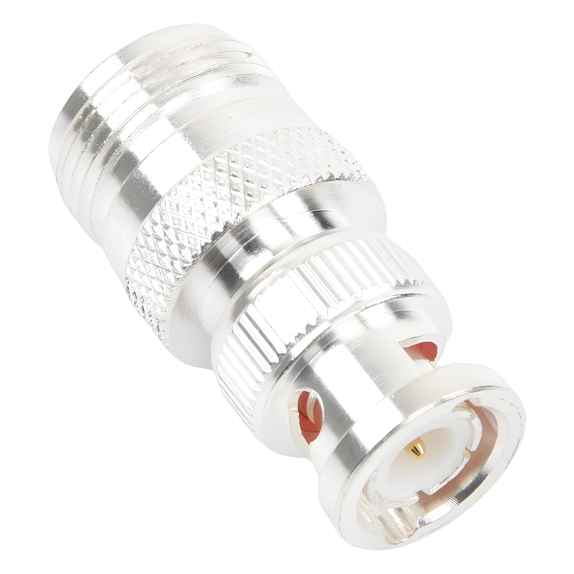 Adaptador RF Coaxial / 50 Ohm / N Hembra a BNC Macho / Montaje en Línea / Cuerpo Bronce Plateado / Contacto Oro / Aislante Teflón