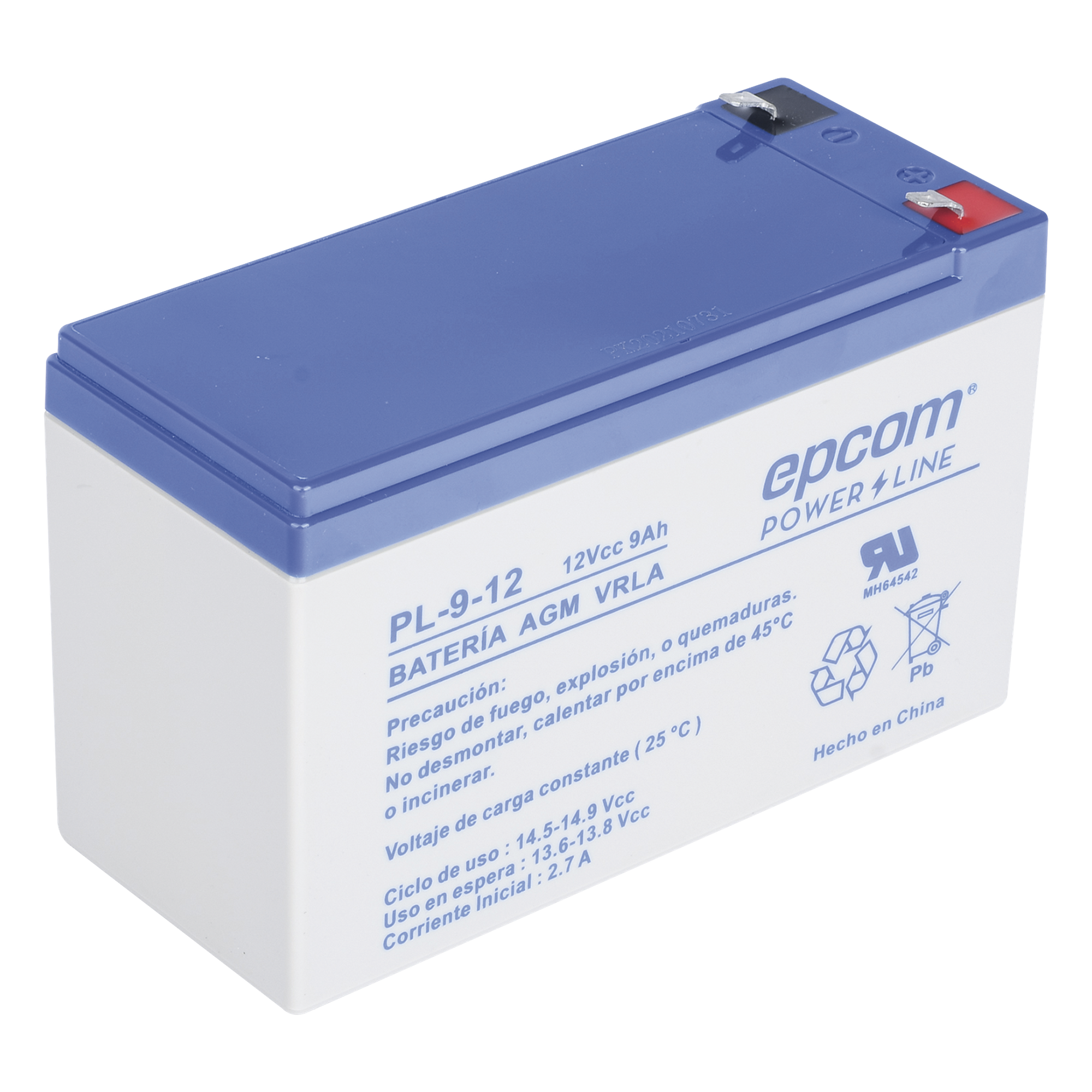 Batería 12 Vcc / 9 Ah / UL / Tecnología AGM-VRLA / Para uso en equipo electrónico Alarmas de intrusión / Incendio/ Control de acceso / Video Vigilancia / Terminales F1 / Cargador recomendado CHR-80.