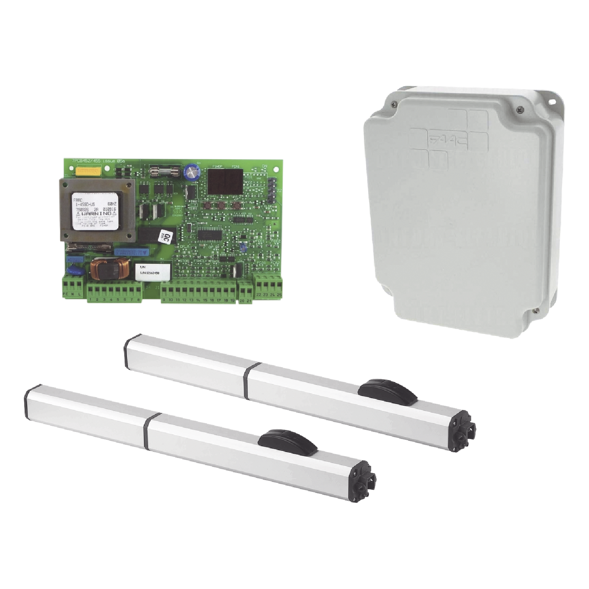 Kit de Operadores Hidráulicos / Uso Continuo / Fuerza 4650 N / Hoja Máx 4 m (13.1 ft) con Electrocerradura / IP55 / 115 VAC / 220 W — FAAC · SKU FAAC-400-CBACL