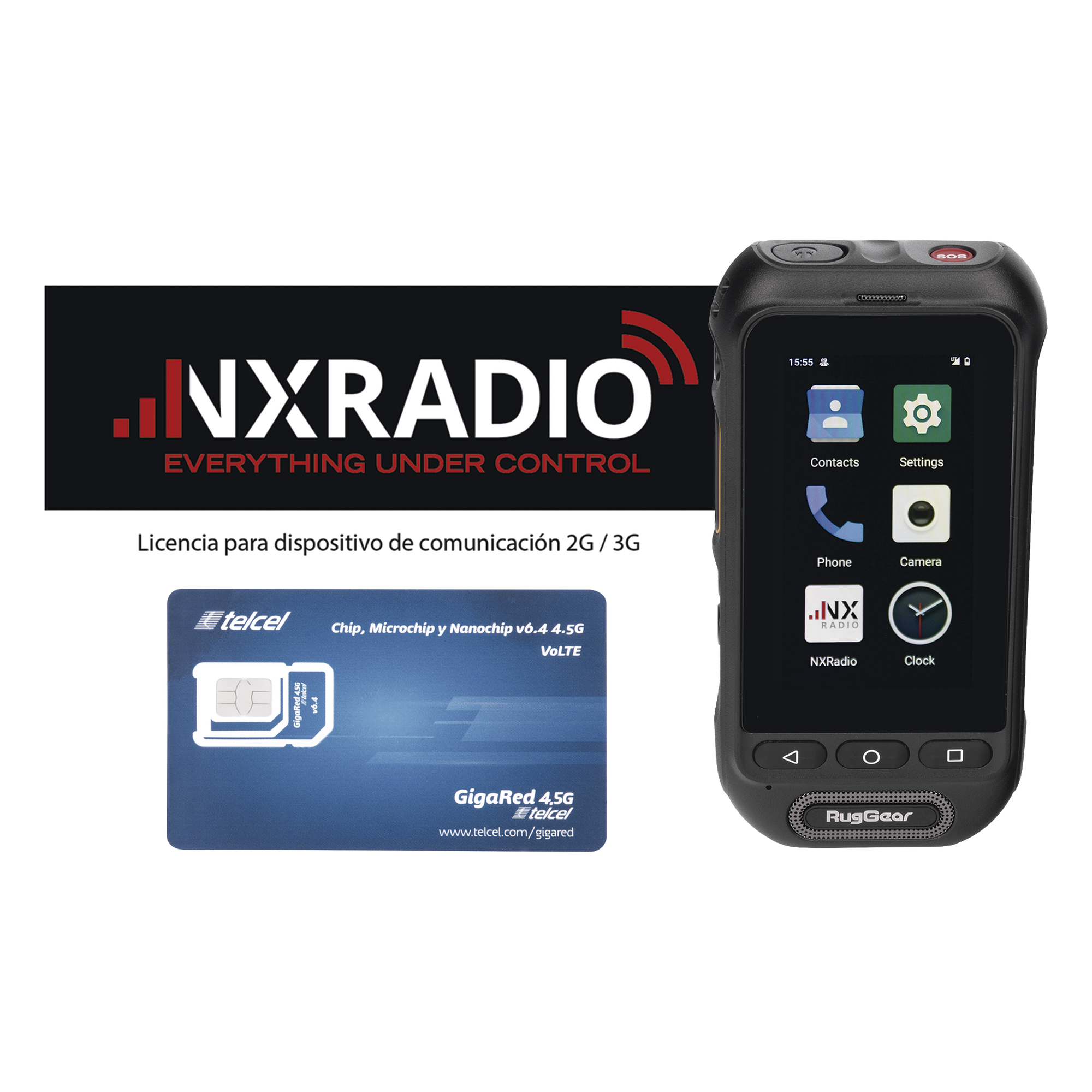 Kit Radio PTT / Android 10 GO / IP68 / MIL-STD 810H / Altavoz 105 dB / Batería 3000 mAh / SIM 1GB 12 Meses — NXRADIO · SKU RG360-KIT-SIMTEL