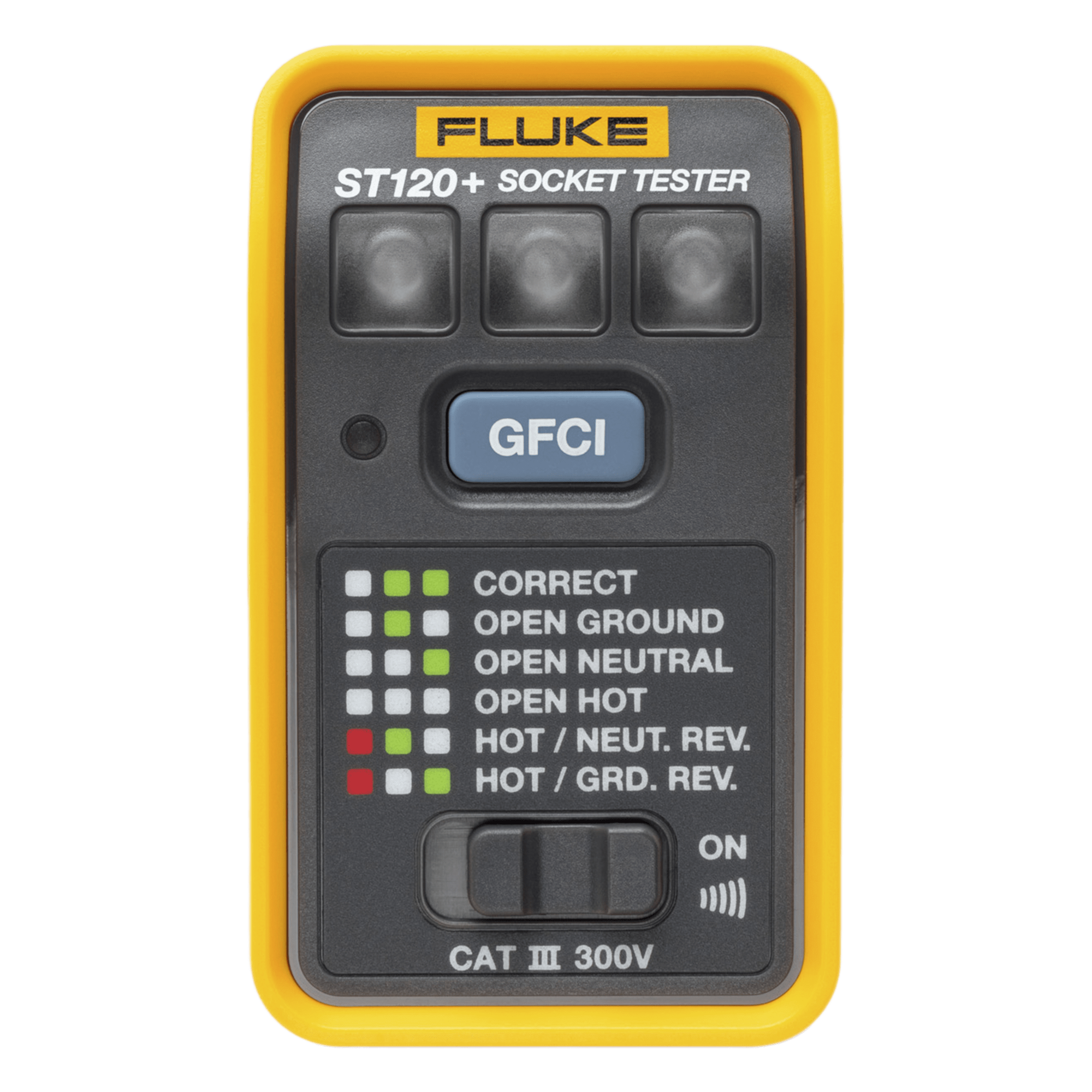 Probador de Tomacorriente / GFCI y Estándar / Señal Acústica / 6 Estados de Cableado / CAT III 300V / LEDs de Alto Brillo — FLUKE · SKU ST120+