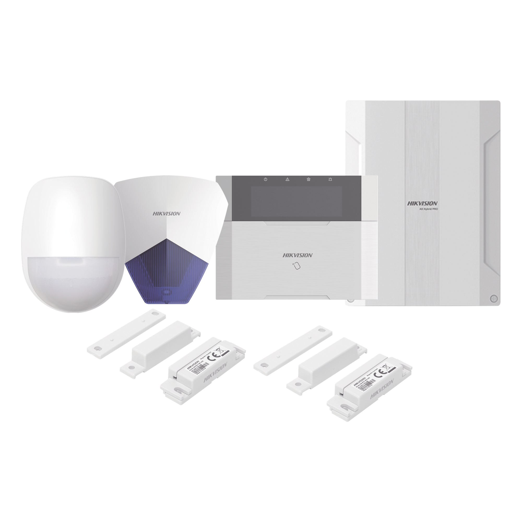 Kit Panel de Alarma Híbrido / 64 Zonas / Teclado LCD con Lector de Tags / Sirena 105 dB IP54 / PIR 18 m (59 ft) 90° / Inmune a Mascotas 10 kg — HIKVISION · SKU DS-PHA64-LP/PACK(B)