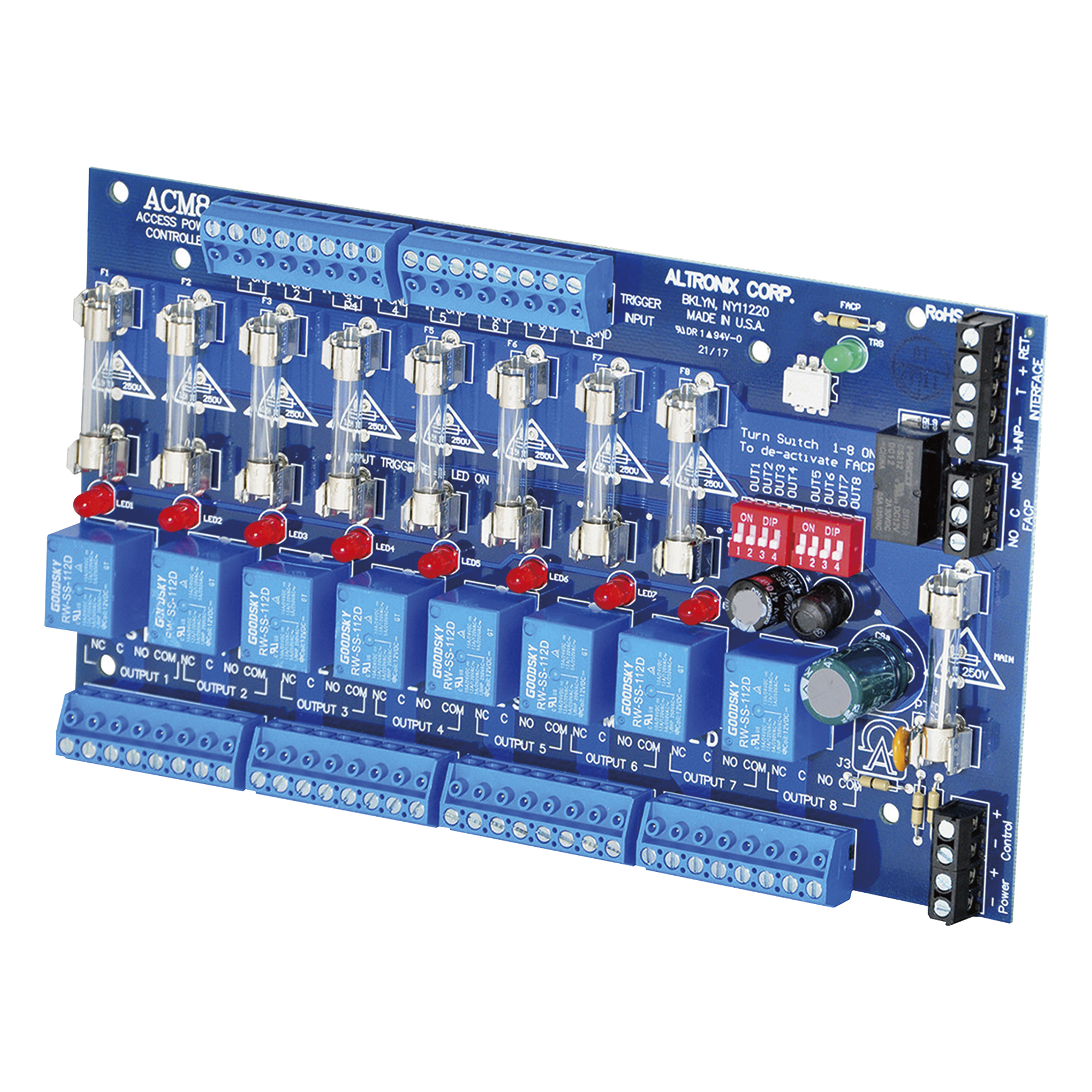 Tarjeta de Control de Acceso / 8 Entradas / 8 Salidas Protegidas / 12-24 Vcd / Contactos Secos Tipo C / Interfaz FACP — ALTRONIX · SKU ACM8