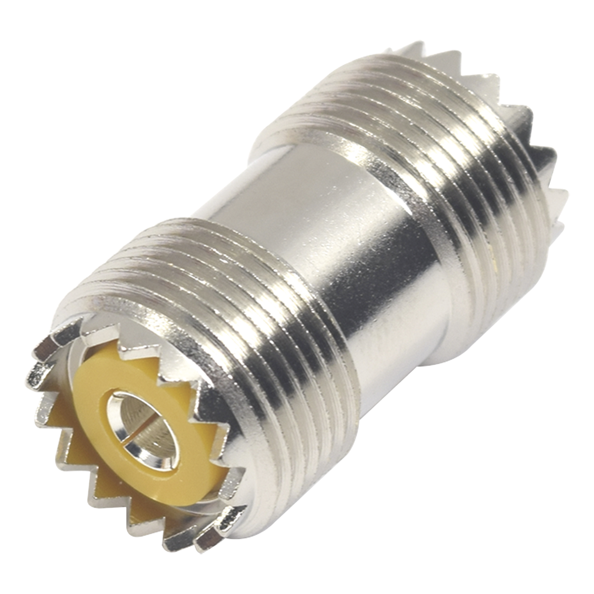 Adaptador Coaxial Barril / UHF Hembra SO-239 a UHF Hembra SO-239 / Montaje en Línea / Cuerpo Bronce Niquelado / Contacto Plateado — RF INDUSTRIES,LTD · SKU RFU-536