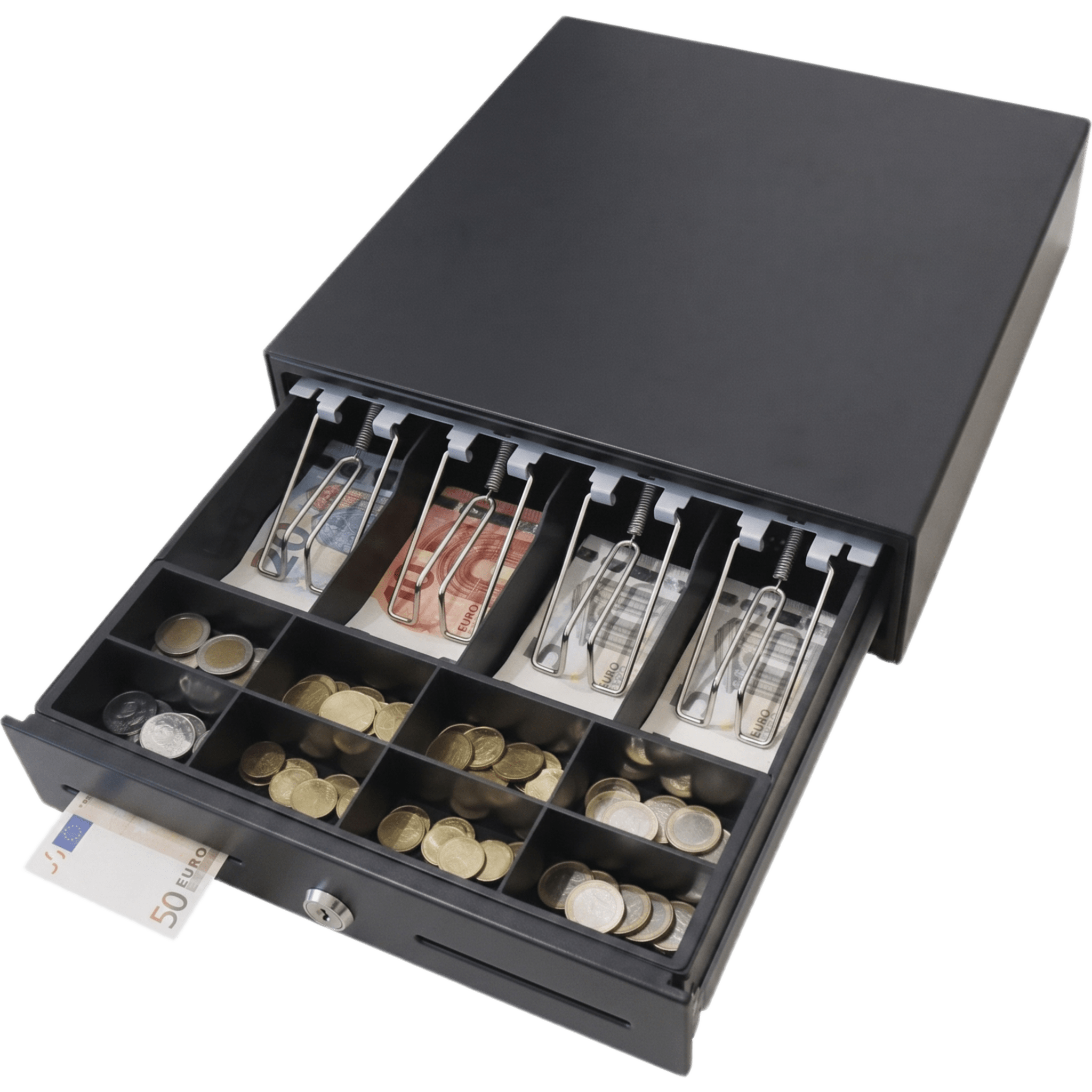 Cajón de Efectivo / Compacto 330 mm / 4 Billetes + 8 Monedas / Apertura RJ11 / Cerradura con Llave / Punto de Venta — MAKEN · SKU MK330