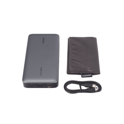 Power Bank de 25000mAh | 3 Salidas 145W Max. | USB-A + 2 USB-C | PD 3.0, QC3.0 | FCP | SCP | Pantalla Inteligente | Carcasa Ignifuga | Color Gris | Incluye Cable USB de 50cm | Carga tu Laptop de Manera Segura.