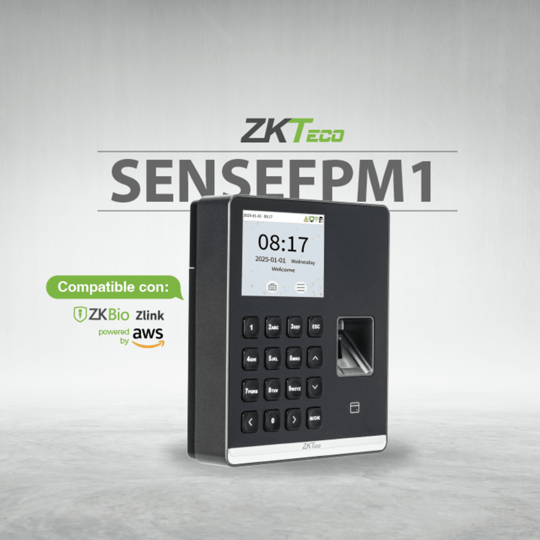 Terminal de Asistencia / Huella Digital y RFID / 500 Usuarios / Pantalla 2.8" / WiFi / ZKBio Zlink / USB — ZKTECO · SKU SENSEFPM1
