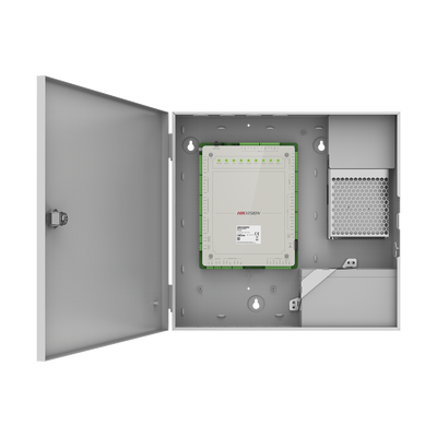 Controlador de Acceso 4 Puertas Administrable en la Nube con Hik-Connect Teams / Interfaz Web / 8 Lectores de Huella o Tarjeta / 100,000 Tarjetas / 10,000 Huellas / Incluye Gabinete y Fuente de Alimentación 12Vcd 8 A / Soporta Batería de Res