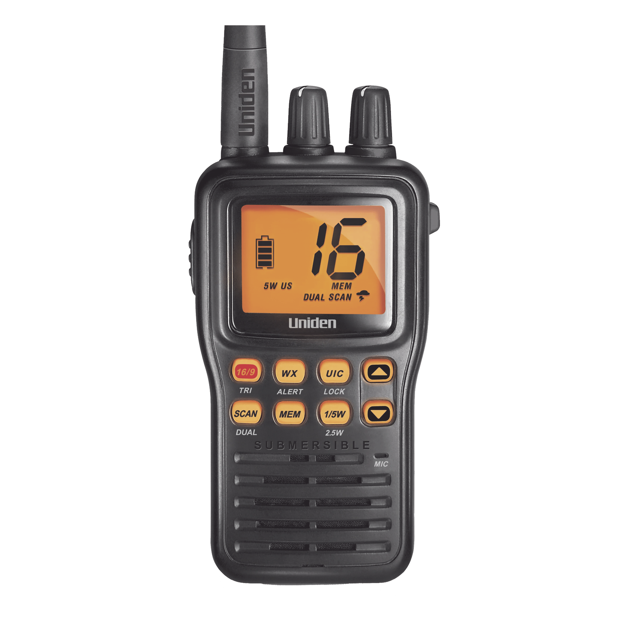 Radio Marina VHF Portátil / IPX8 Sumergible y Flotante / Potencia 1-5 W / Batería 12 h / Canales Internacionales, USA y Canadá