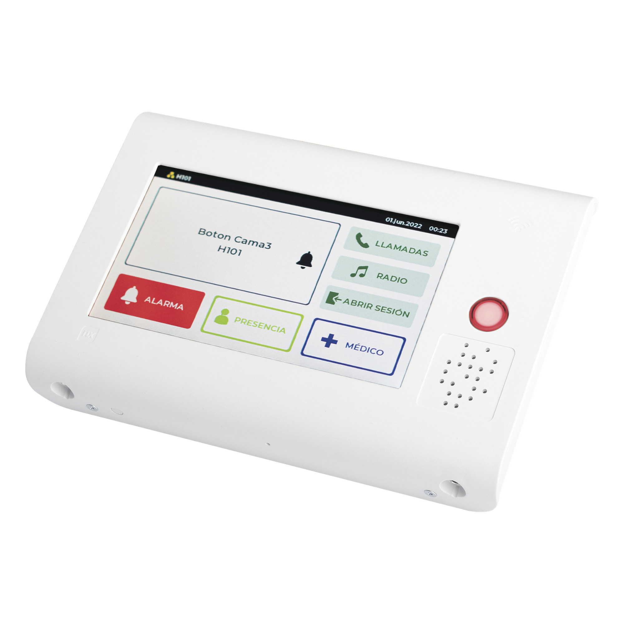 Terminal Inteligente para Habitación Hospitalaria / Pantalla Táctil 7" / RFID 125 kHz / VoIP SIP Bidireccional / PoE IEEE 802.3af / Bus RS485 / Carcasa Antibacteriana — IBERNEX · SKU NX1021