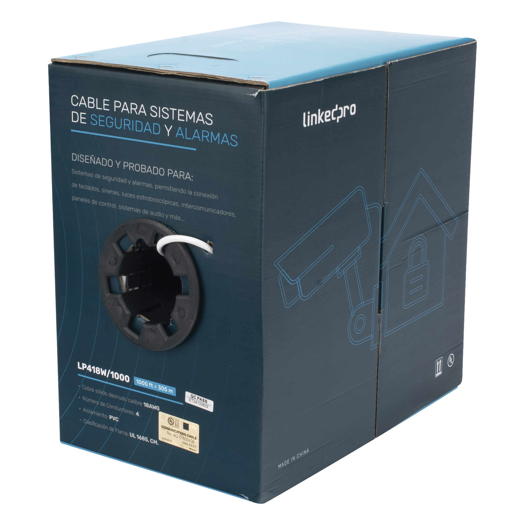 Cable para Alarma / 4x18 AWG / Bobina 305 m (1000 ft) / Clasificación CM / Cobre Sólido / Blanco