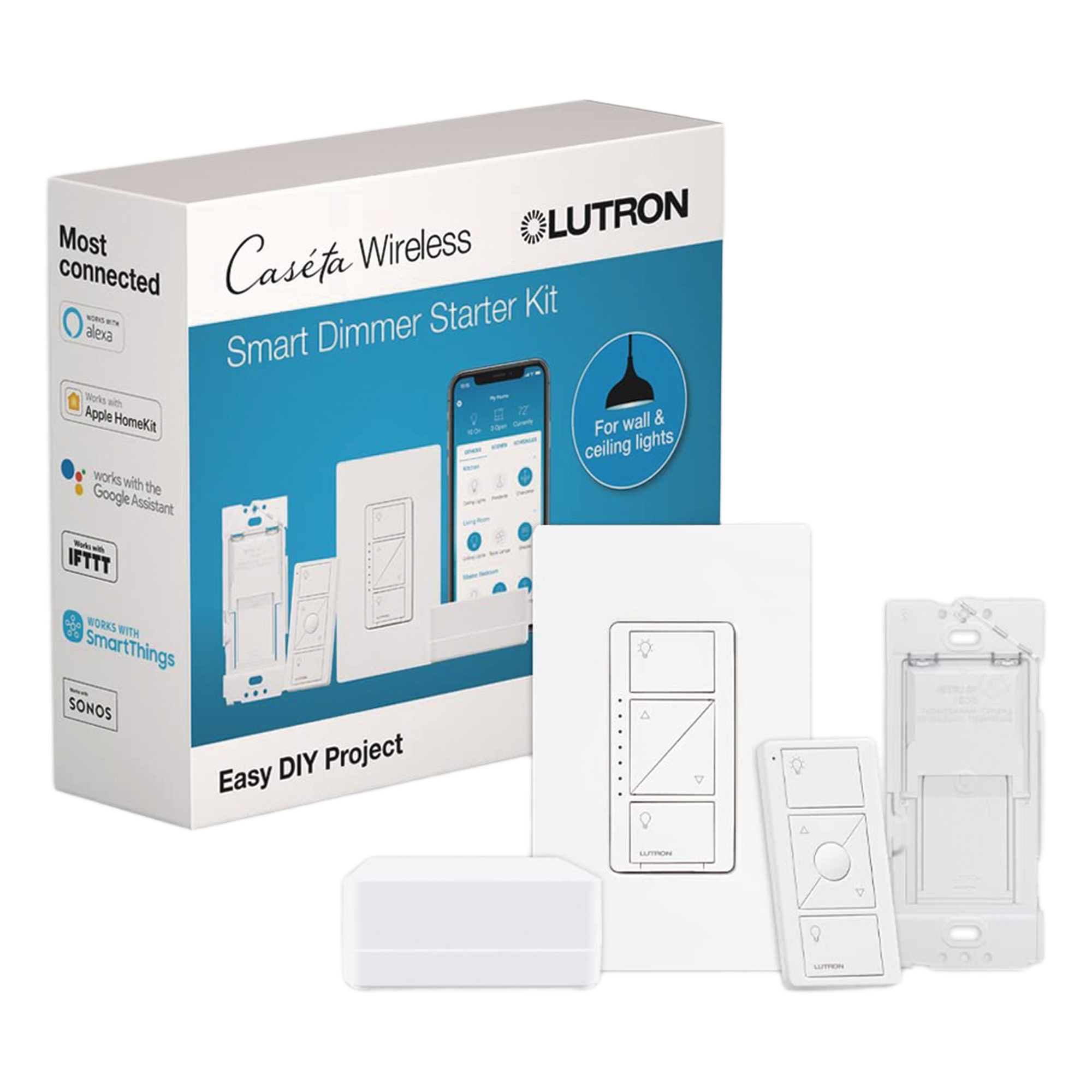 Kit de Inicio para Iluminación Inteligente / Control por App y Voz / Sin Cable Neutro / Hasta 150 W LED o 600 W Incandescente / Integración Alexa, Google y HomeKit / 120 V — LUTRON CASETA WIRELESS · SKU PBDGPKG1W