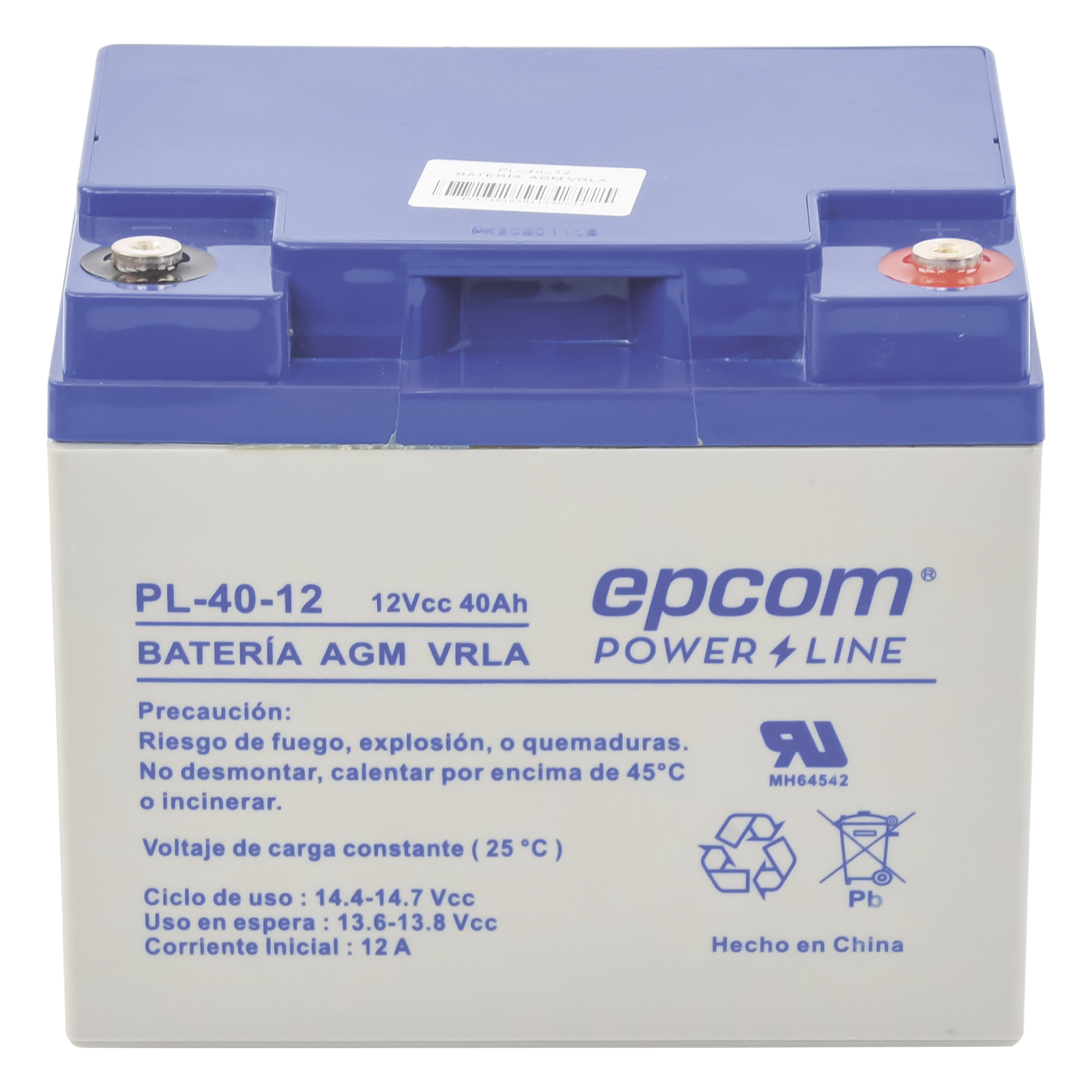 Batería 12 Vcc / 40 Ah / UL / Tecnología AGM-VRLA / Para uso en equipo electrónico Alarmas de intrusión / Incendio/ Control de acceso / Video Vigilancia / Terminales tipo M6 ( HEX ) / Cargador recomendado CHR-250. — EPCOM POWERLINE · SKU PL-40-12