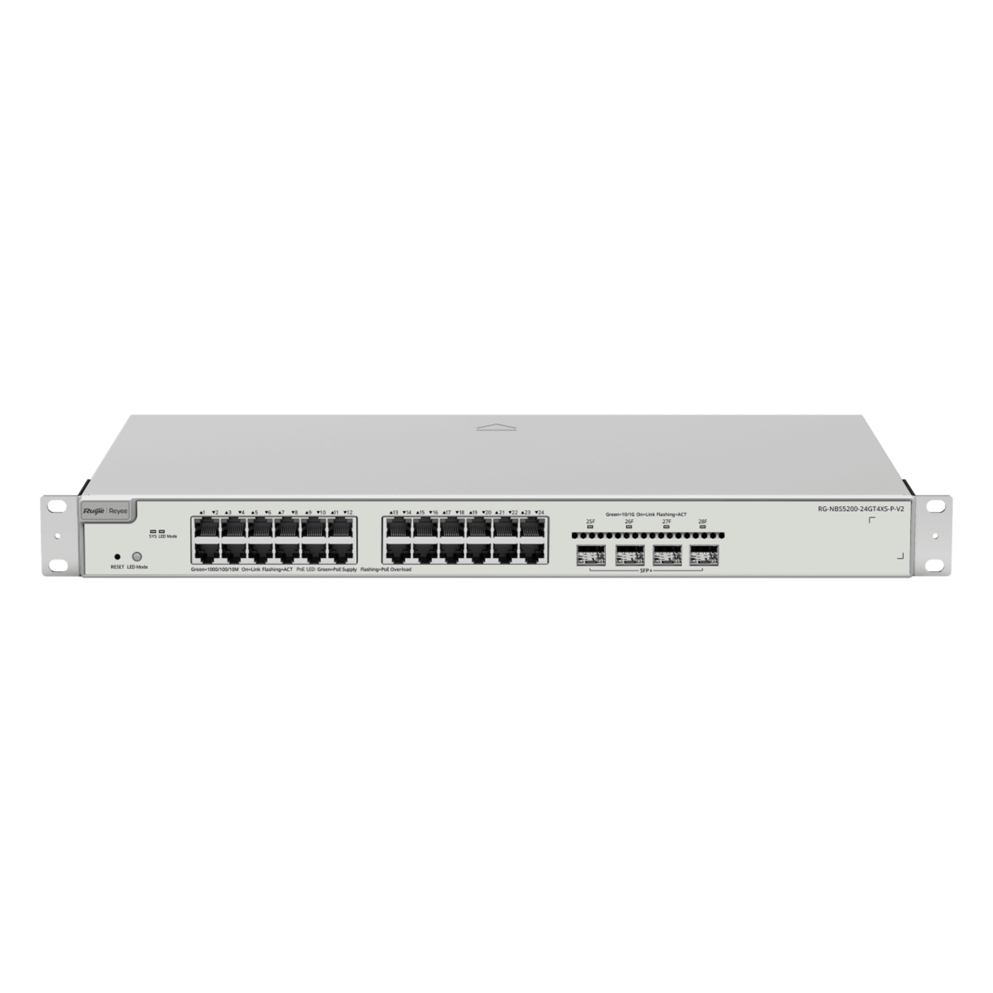 Switch Administrable Capa 3 / 24 Puertos Gigabit PoE+ / 4 SFP+ 10Gb / 370W PoE / 128 Gb/s — RUIJIE · SKU RG-NBS5200-24GT4XS-P-V2
