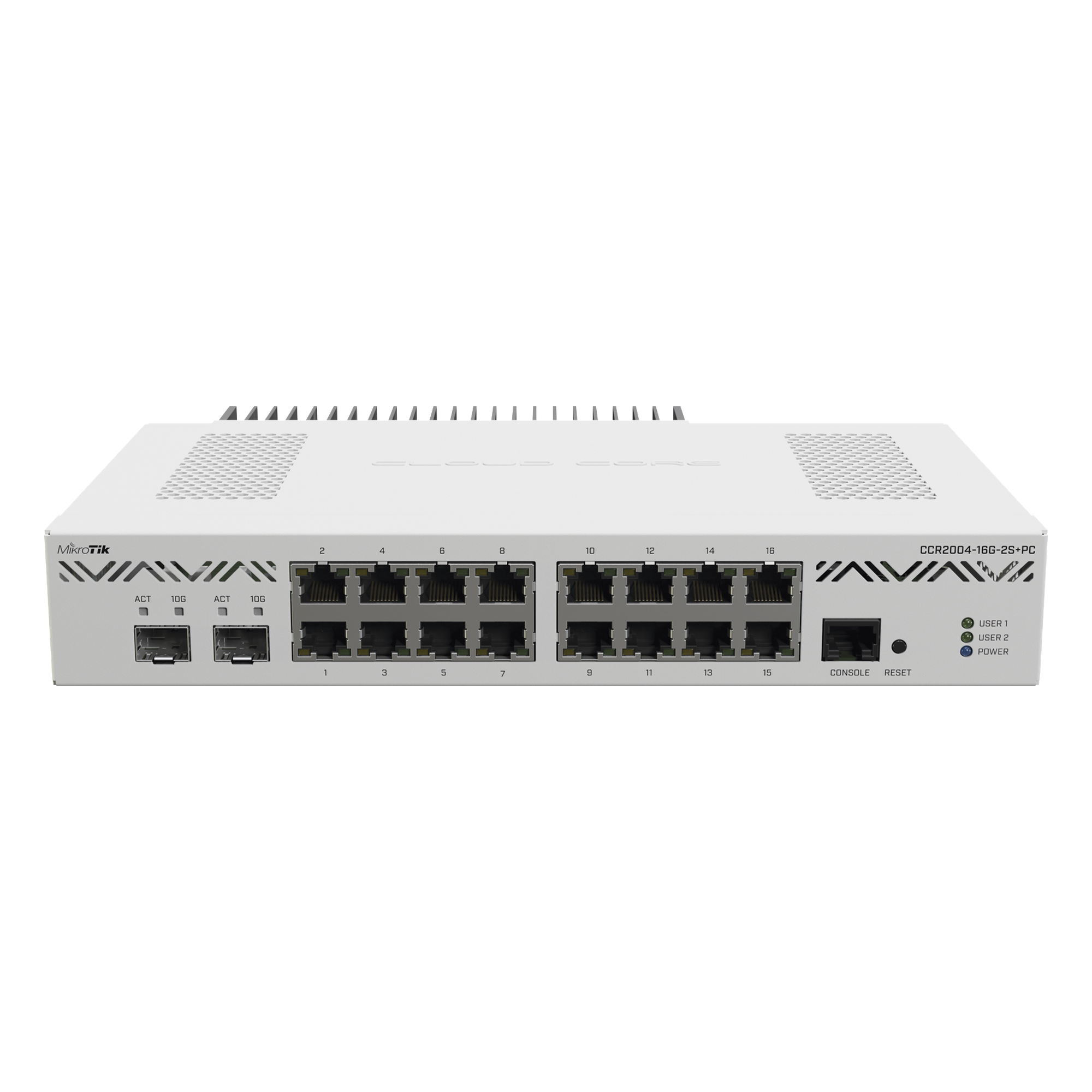 Router Cloud Core / 16 Puertos Gigabit / 2 SFP+ 10G / CPU 4 Núcleos 1.2 GHz / Enfriamiento Pasivo — MIKROTIK · SKU CCR2004-16G-2S+PC