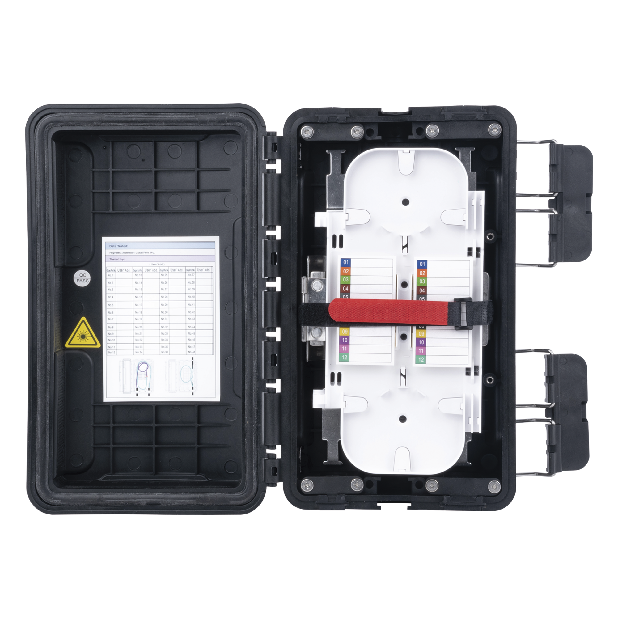 Caja de Distribución de Fibra Óptica / 96 Empalmes / IP65 Exterior / 4 Charolas / Polipropileno + Fibra de Vidrio UV / 2 Entradas 8-20mm y 5-16mm — FIBERHOME · SKU FDP-420F