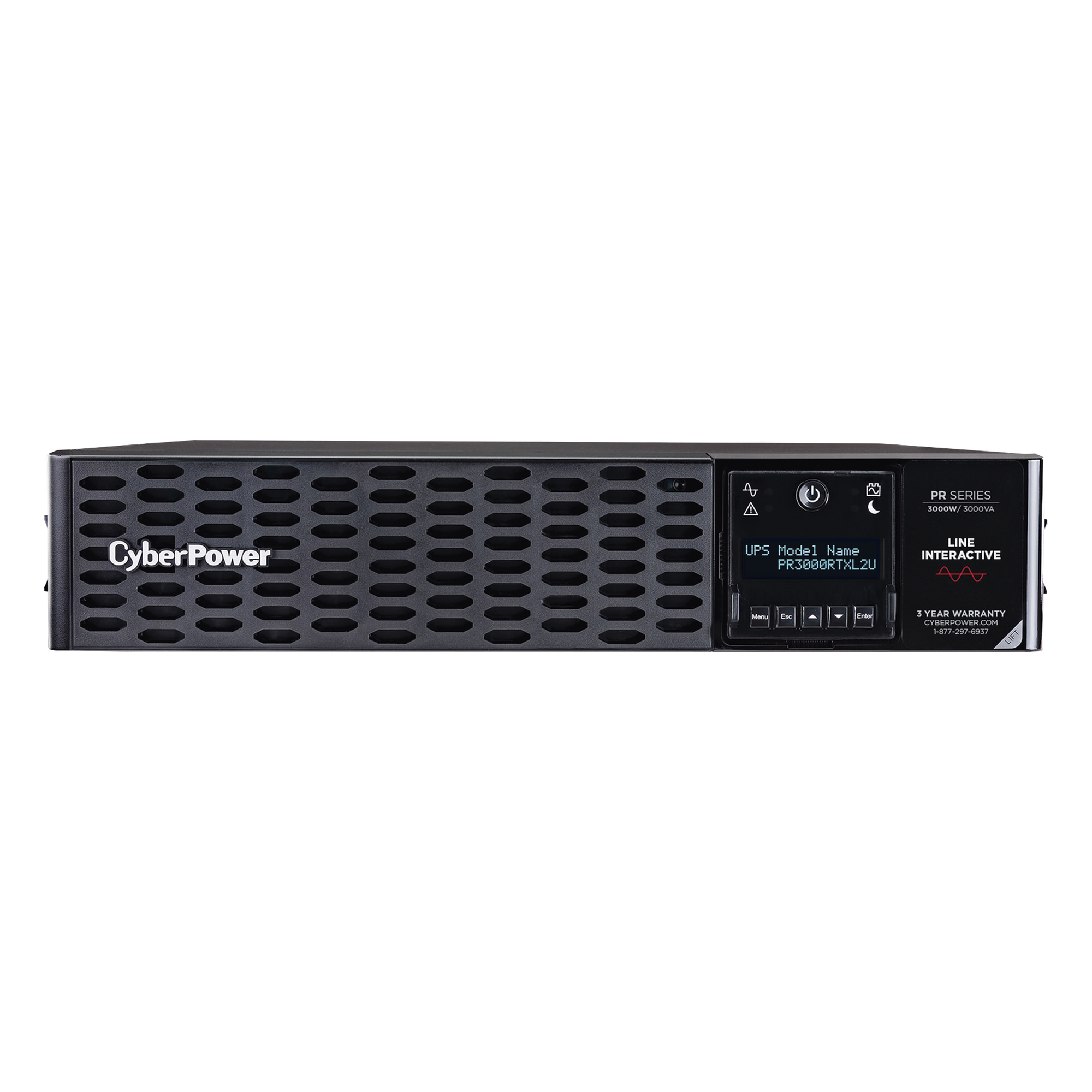 UPS Línea Interactiva / 3000 VA / 3000 W / Onda Senoidal Pura / Rack 2U / AVR / 9 Tomas NEMA — CYBERPOWER · SKU PR3000RTXL2U