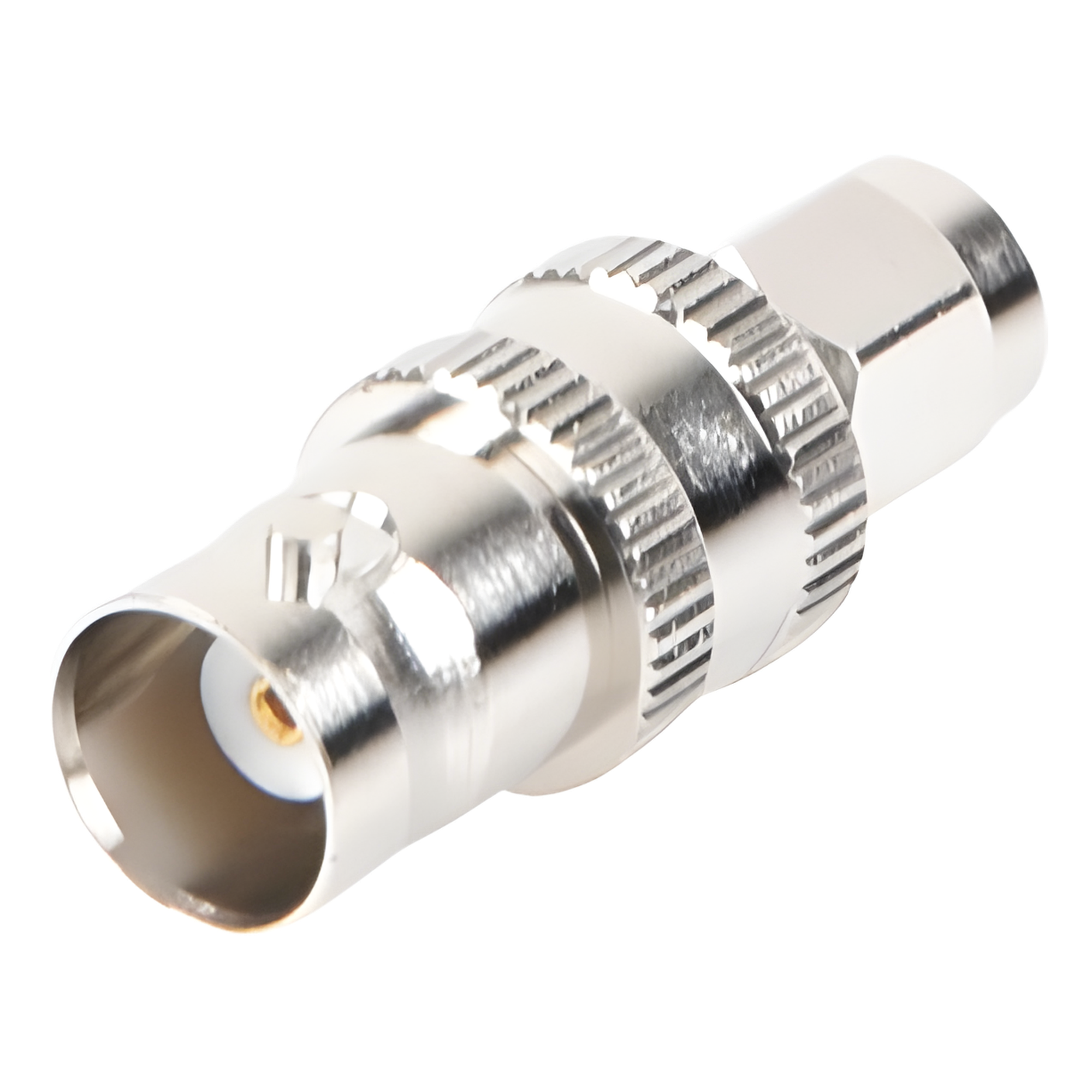 Adaptador RF Coaxial / SMA Macho a BNC Hembra / En Línea / Cuerpo Bronce Niquelado / Contacto Oro / Aislante Teflón