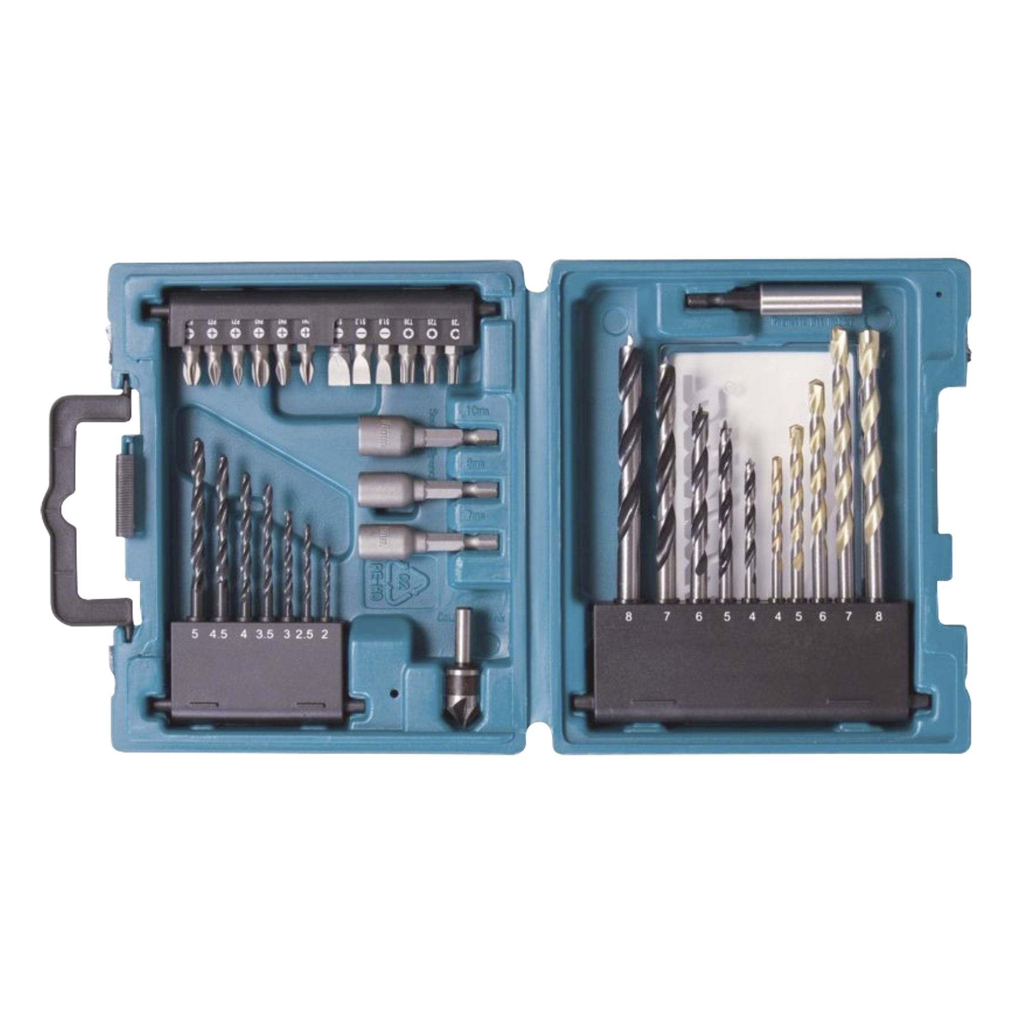 Juego de Accesorios Multipropósito / 34 Piezas / Brocas HSS-R, Concreto y Madera / Puntas y Avellanadores / Guías Magnéticas T20, T25, T30 — MAKITA · SKU D-36980