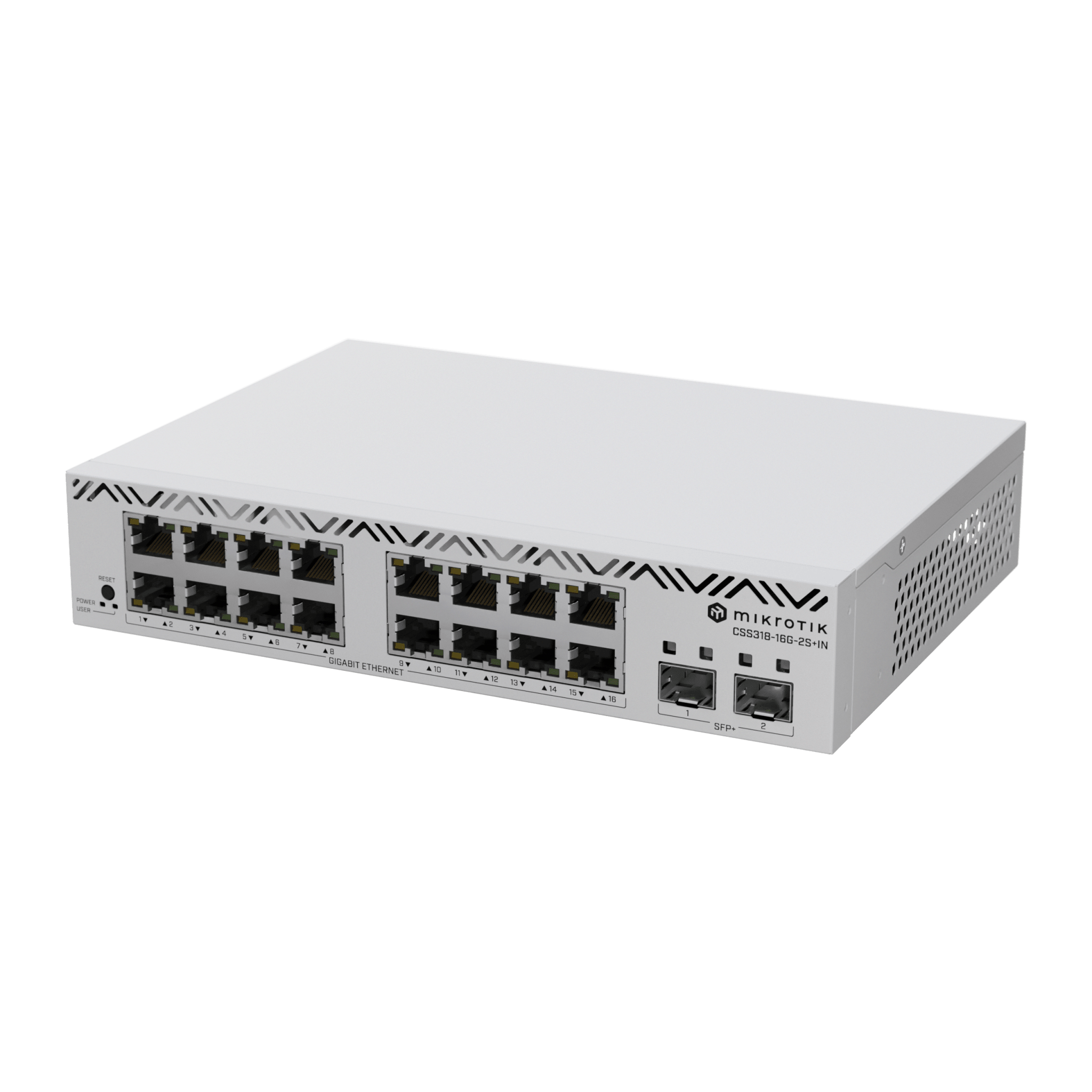 Switch Gigabit Ethernet / 16 Puertos RJ45 / 2 Puertos SFP+ 10G / Montaje Rack 1U / Refrigeración Pasiva / Consumo 13W — MIKROTIK · SKU CSS318-16G-2S+IN