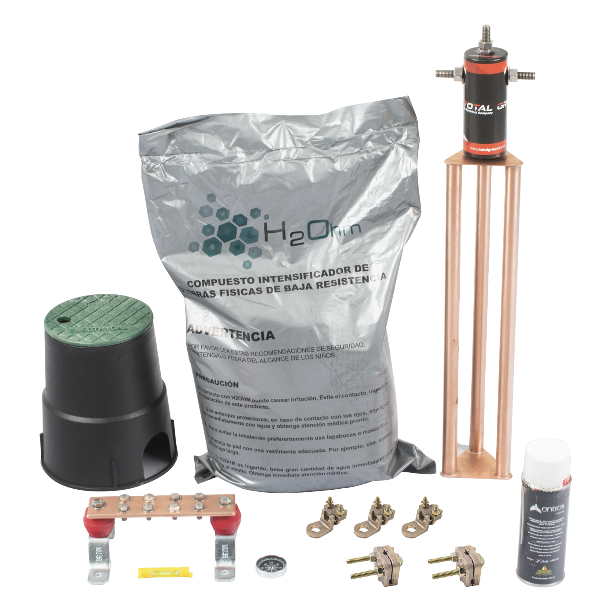 Kit de Puesta a Tierra / 45 A / Resistencia < 2 Ω / Electrodo Magnetoactivo / Compuesto Higroscópico / Brújula y Nivel Integrados — TOTAL GROUND · SKU KIT-MASTER-45AB-V2