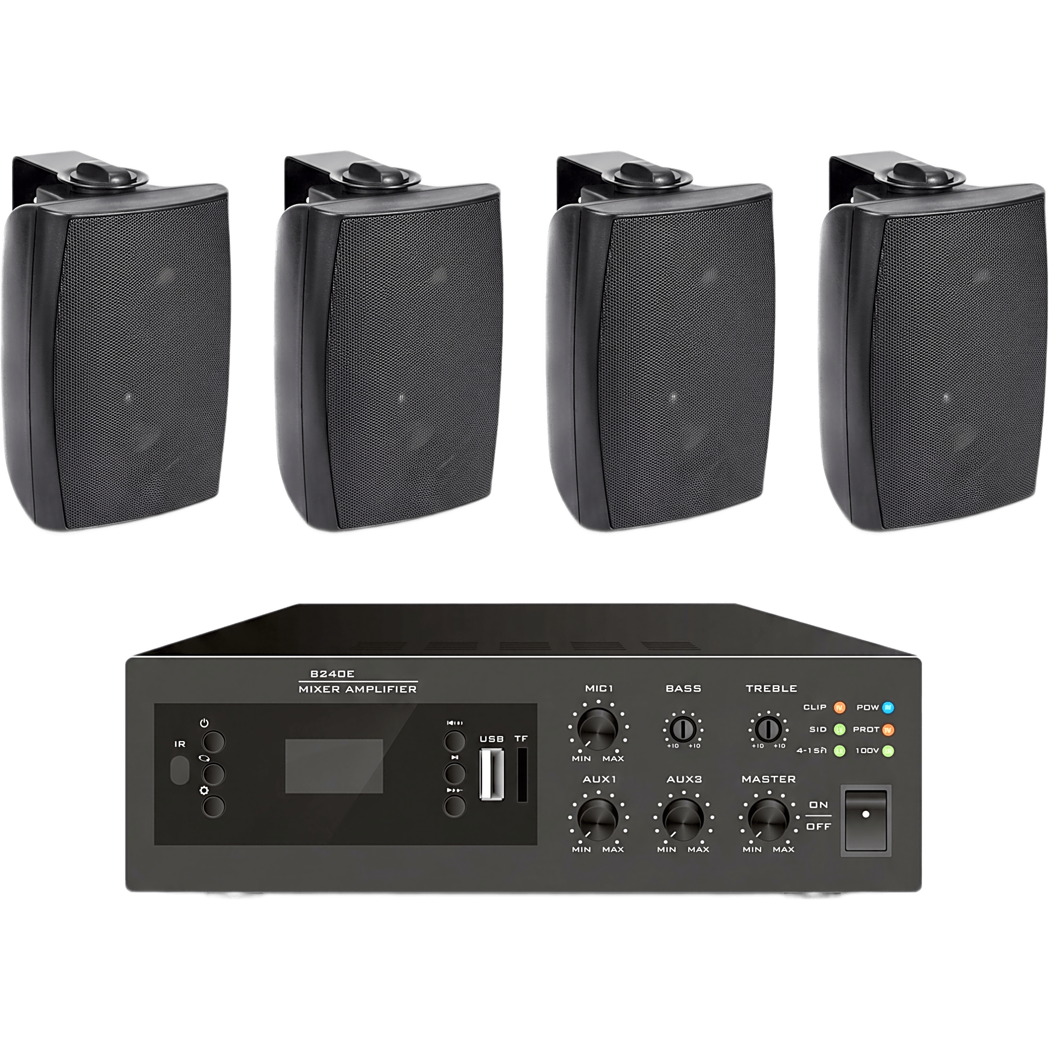 Kit Amplificador de Audio / 240W / Bluetooth FM MP3 / 4 Altavoces de Pared 2 Vías / Sistema 70/100V / Phantom 48V — EPCOM PROAUDIO · SKU EPB240E/4WS