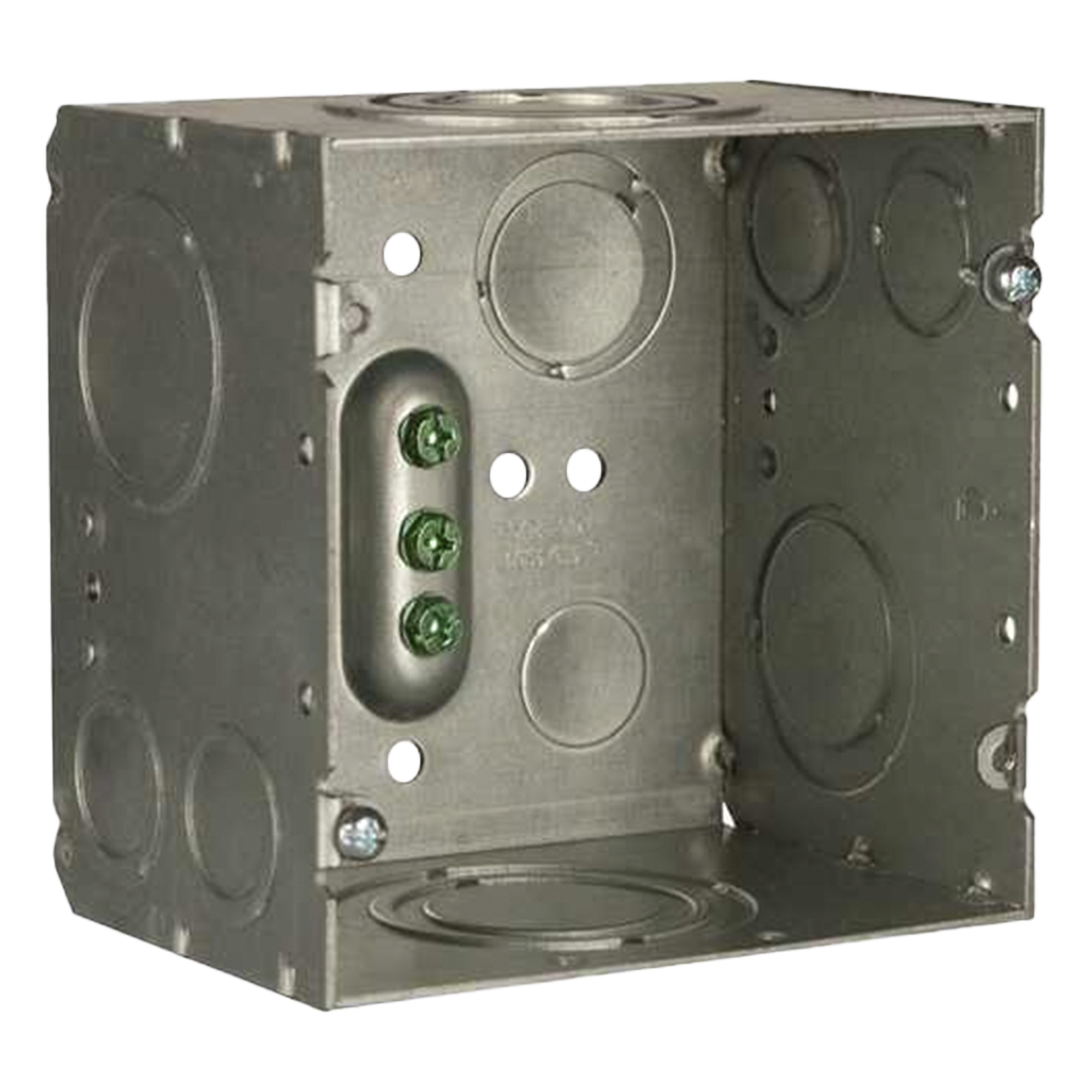 Caja de Conexión Cuadrada / Acero Soldado / 4.69 x 4.69 in / Profundidad 3-1/4 in (82.55 mm) / 66.7 in³ / Entradas 1/2" a 2" / UL Listed — RACO · SKU HUB260