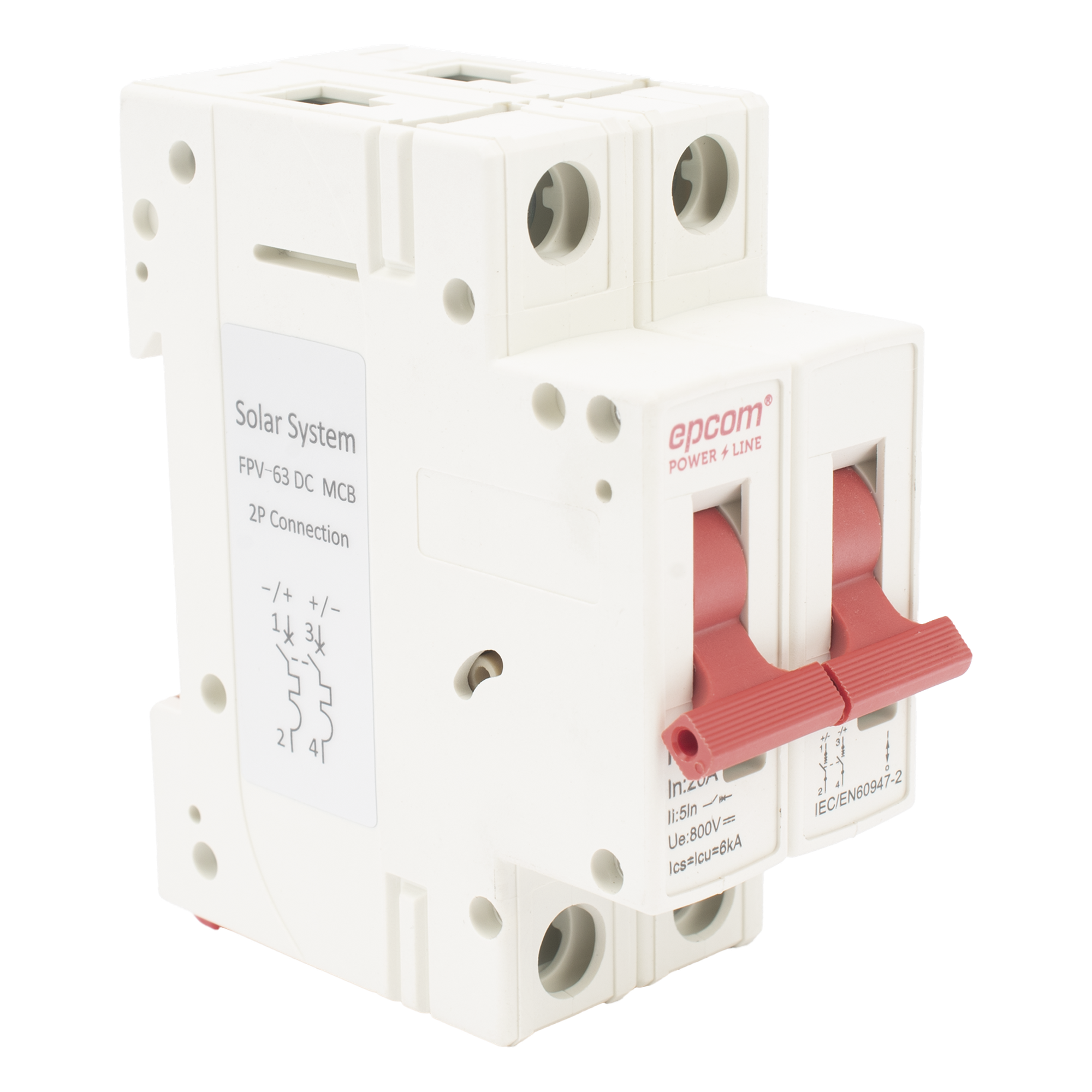 Interruptor Termomagnético DC / 2 Polos / 20 A / 800 VCC / Curva C / 6 kA / Riel DIN — EPCOM POWERLINE · SKU FPV632PC20