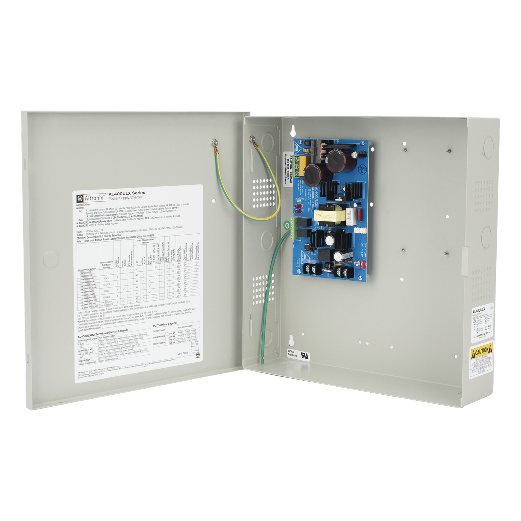 Fuente de Alimentación / Salida Seleccionable 12 VDC @ 4 A o 24 VDC @ 3 A / 96.6 W / Entrada 115 VCA / Cargador de Batería Integrado / Regulación Electrónica — ALTRONIX · SKU AL-400-ULX