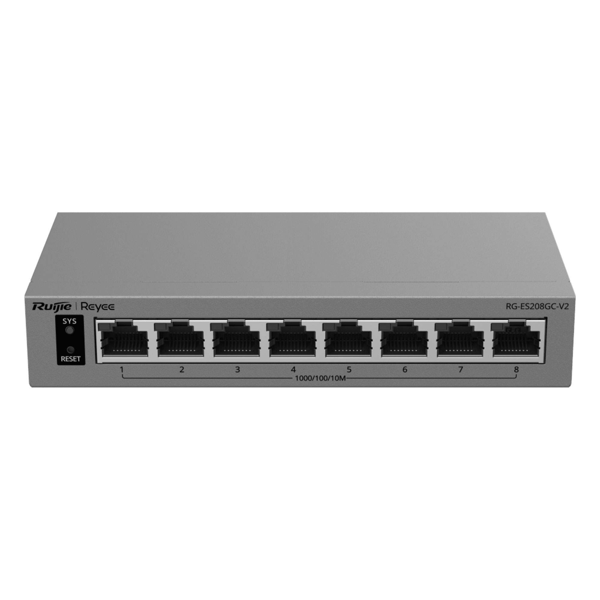 Switch Gigabit Smart Cloud-Managed / 8 Puertos 10/100/1000BASE-T / Capa 2 / Switching 16 Gbps / AI-Powered Failover / Modo CCTV Un-Click / Gestión Cloud / Fanless / Protección Surge 6 kV — RUIJIE · SKU RG-ES208GC-V2