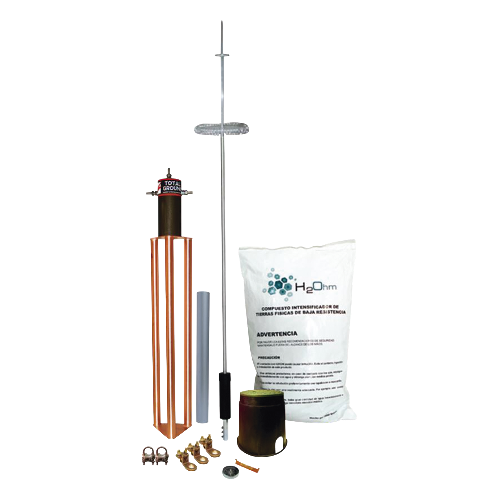 Kit de Pararrayos Dipolo Corona / Ángulo de Protección 72° / Mástil 1.2 m (3.9 ft) / Electrodo 45 A / Accesorios Completos de Instalación — TOTAL GROUND · SKU KIT-DIPOLO-T