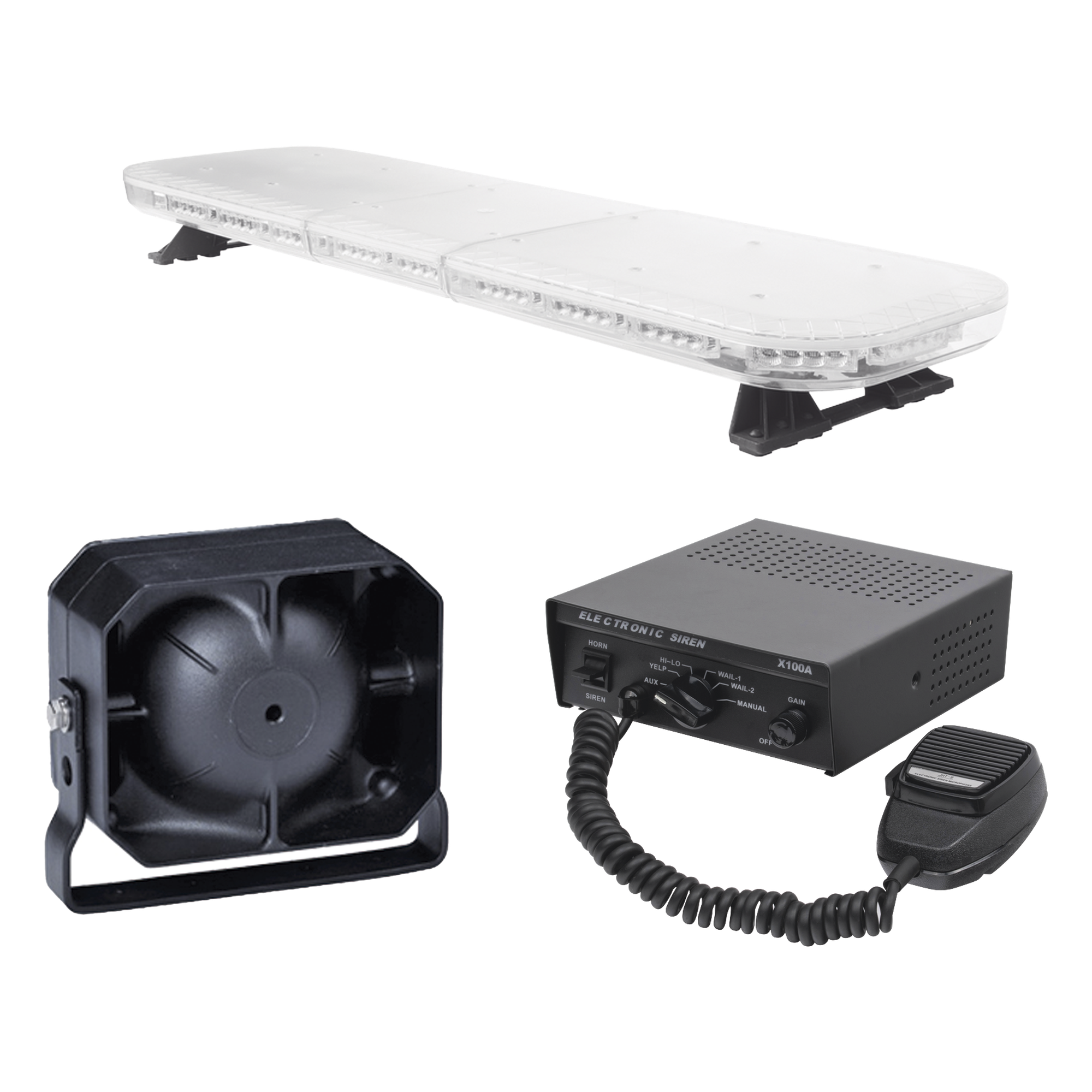 Kit de Equipamiento para Unidades de Seguridad Pública / Barra LED 88 LEDs / Sirena 100W / Bocina 100W / IP65 / 118 cm (46.5 in) — EPCOM INDUSTRIAL SIGNALING · SKU X67RBAKIT3