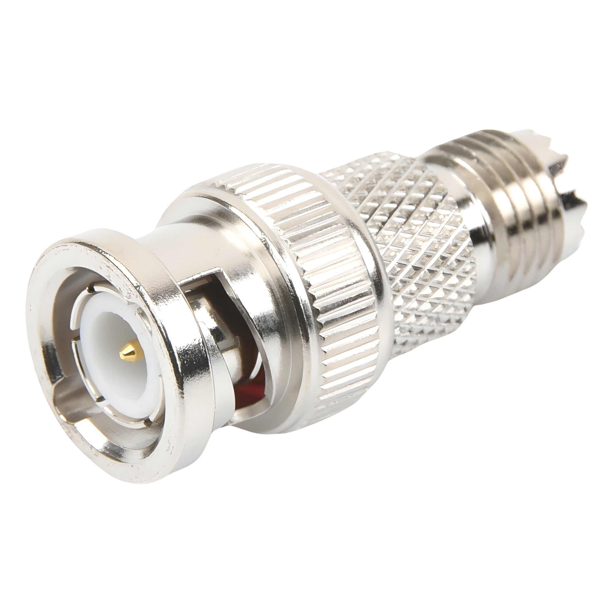 Adaptador RF / Mini-UHF Hembra a BNC Macho / Montaje en Línea / 50 Ohm / Bronce Niquelado / Aislante de Teflón
