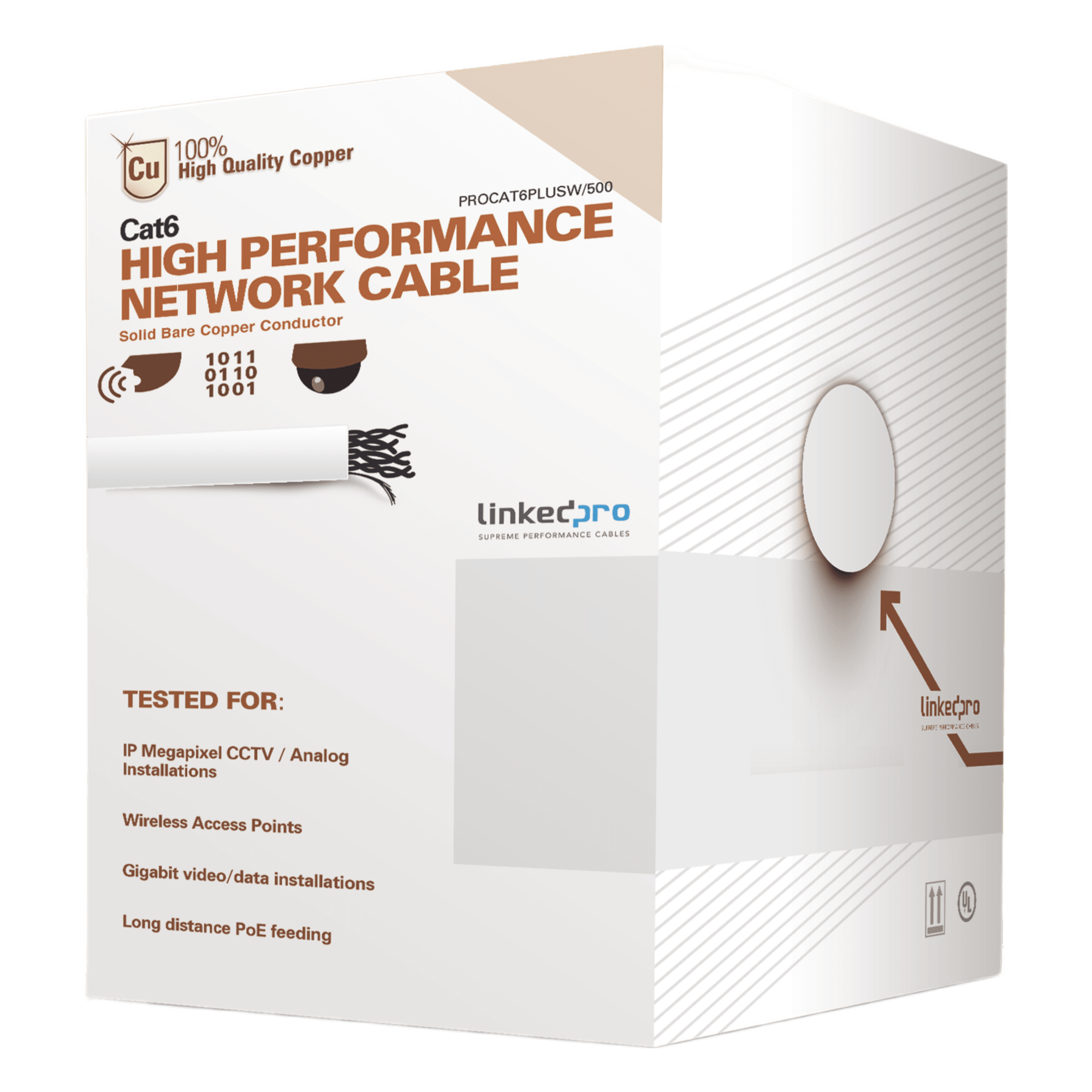 Bobina de Cable Cat6+ / 152m (500ft) / Calibre 23 AWG / 250 MHz / UL / Blanco / Sin Blindaje / CM Interior — LINKEDPRO BY EPCOM · SKU PRO-CAT-6-PLUS-W/500