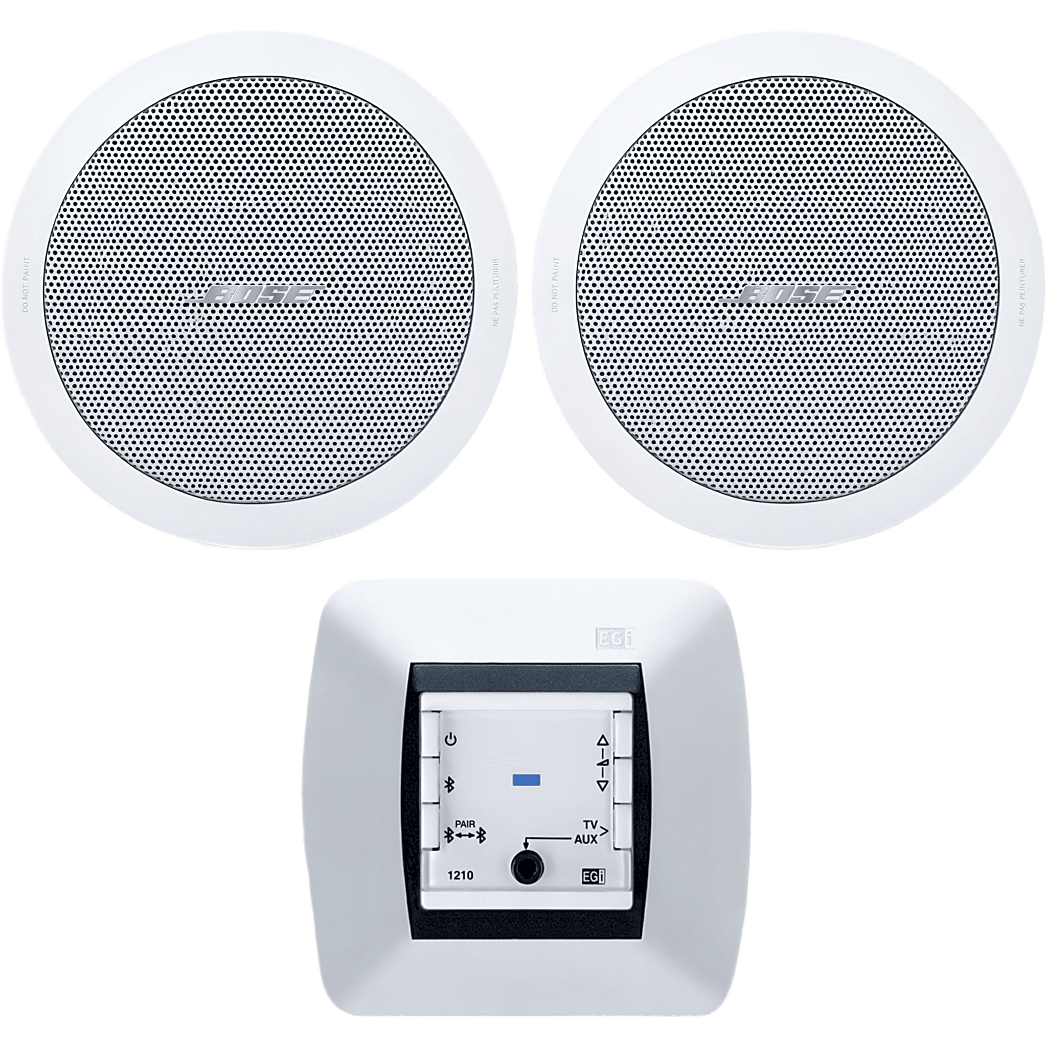 Kit de Audio Residencial / Mando Bluetooth / 2 Bocinas de Techo / 2+2W RMS / 16Ω / Cobertura 150° — EGI AUDIO SOLUTIONS · SKU 121010H/FS2CW