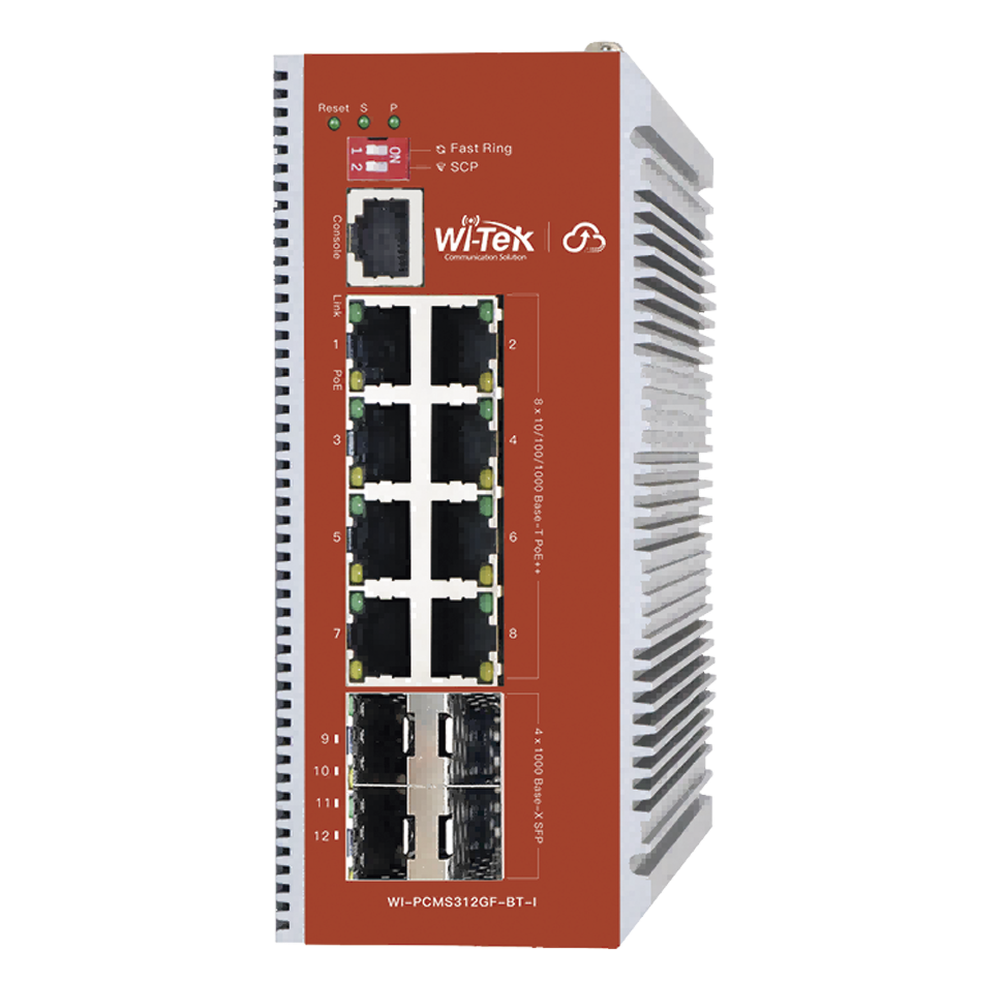 Switch PoE Industrial L2+ / 8 Puertos 100/1000 Mbps / 4 SFP Gigabit / 460 W / Cloud-Web-CLI / ERPS / -40 a 75 °C — WI-TEK · SKU WI-PCMS312GF-BT-I