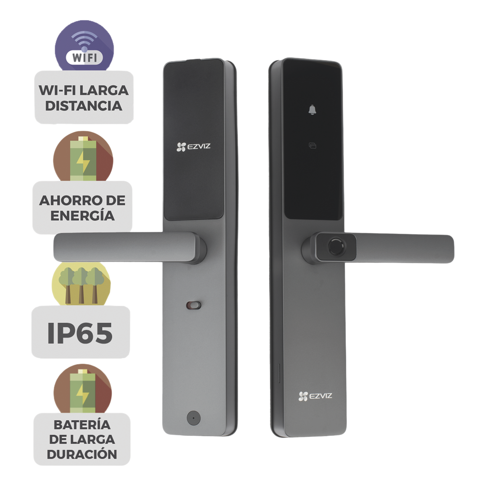 Cerradura Inteligente / Cerrojo Tipo Americano / Wi-Fi y Bluetooth / 50 Huellas / IP65 / -25°C a 70°C / Botón de Timbre — EZVIZ · SKU CS-DL05-R100