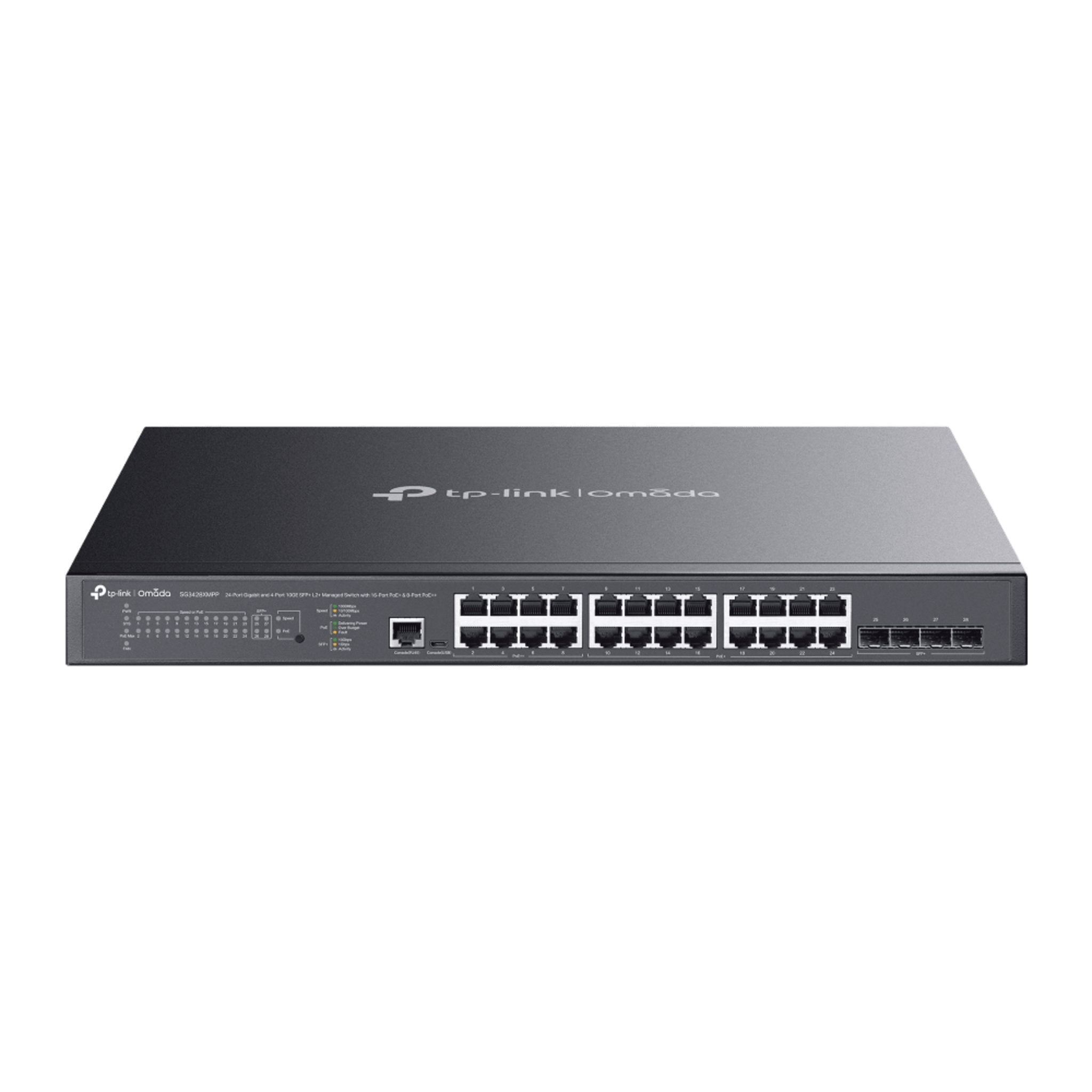 Switch L2+ Gestionado / 24 Puertos Gigabit + 4 Puertos 10G SFP+ / 16 PoE+ (30W) + 8 PoE++ (90W) / 128 Gbps / 500W PoE Budget / SDN Cloud — TP-LINK · SKU SG3428XMPP