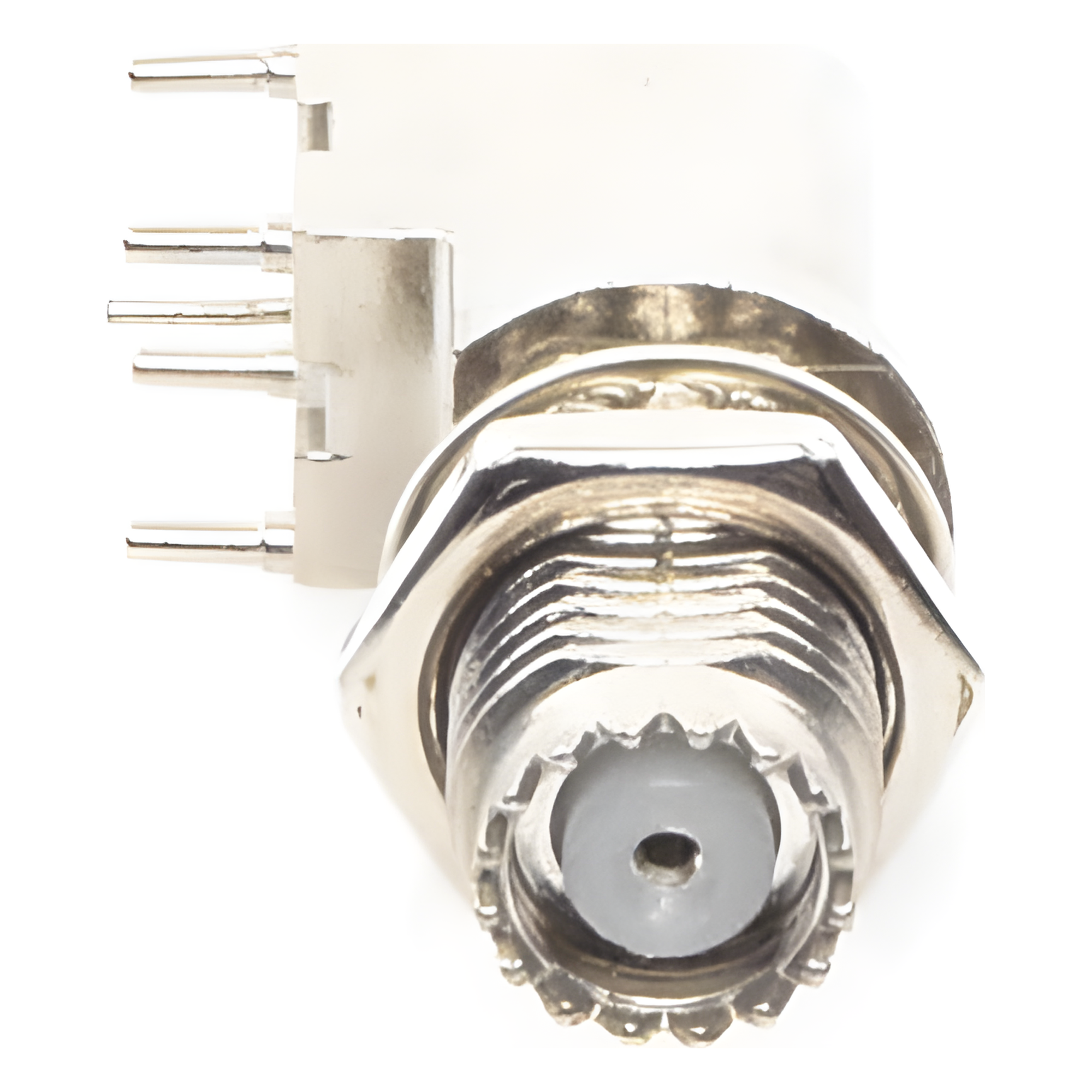 Conector Mini UHF Hembra / Montaje en PCB / Soldable / Cuerpo y Contacto de Estaño / Aislante de Polipropileno