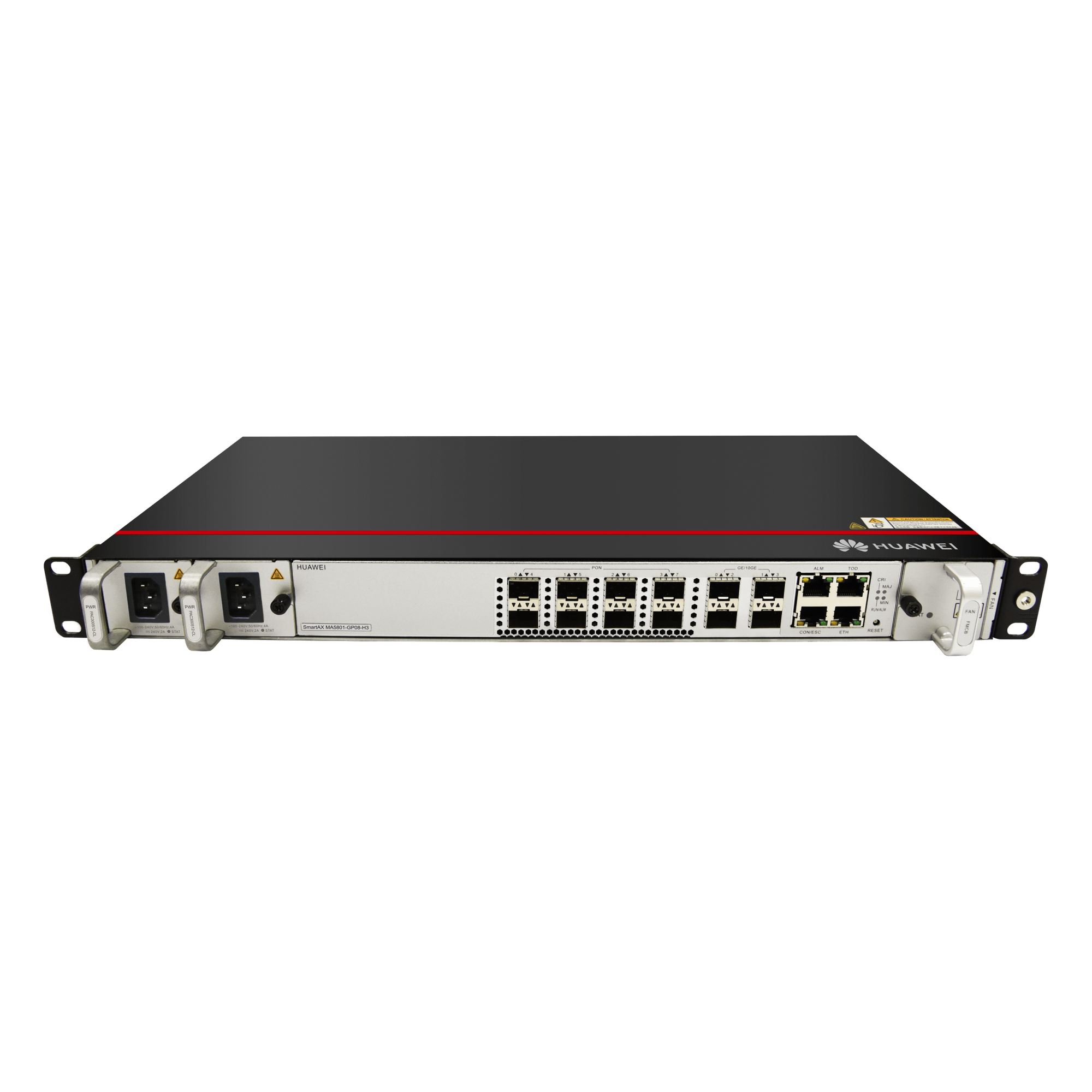 OLT GPON / 8 Puertos GPON Clase C+ / 4 Uplink SFP/SFP+ / Switching 110 Gbit/s / Hasta 1024 ONTs / Doble Fuente AC / Rango -40 °C a +65 °C / 1 UR — HUAWEI · SKU MA5801-GP08-H3