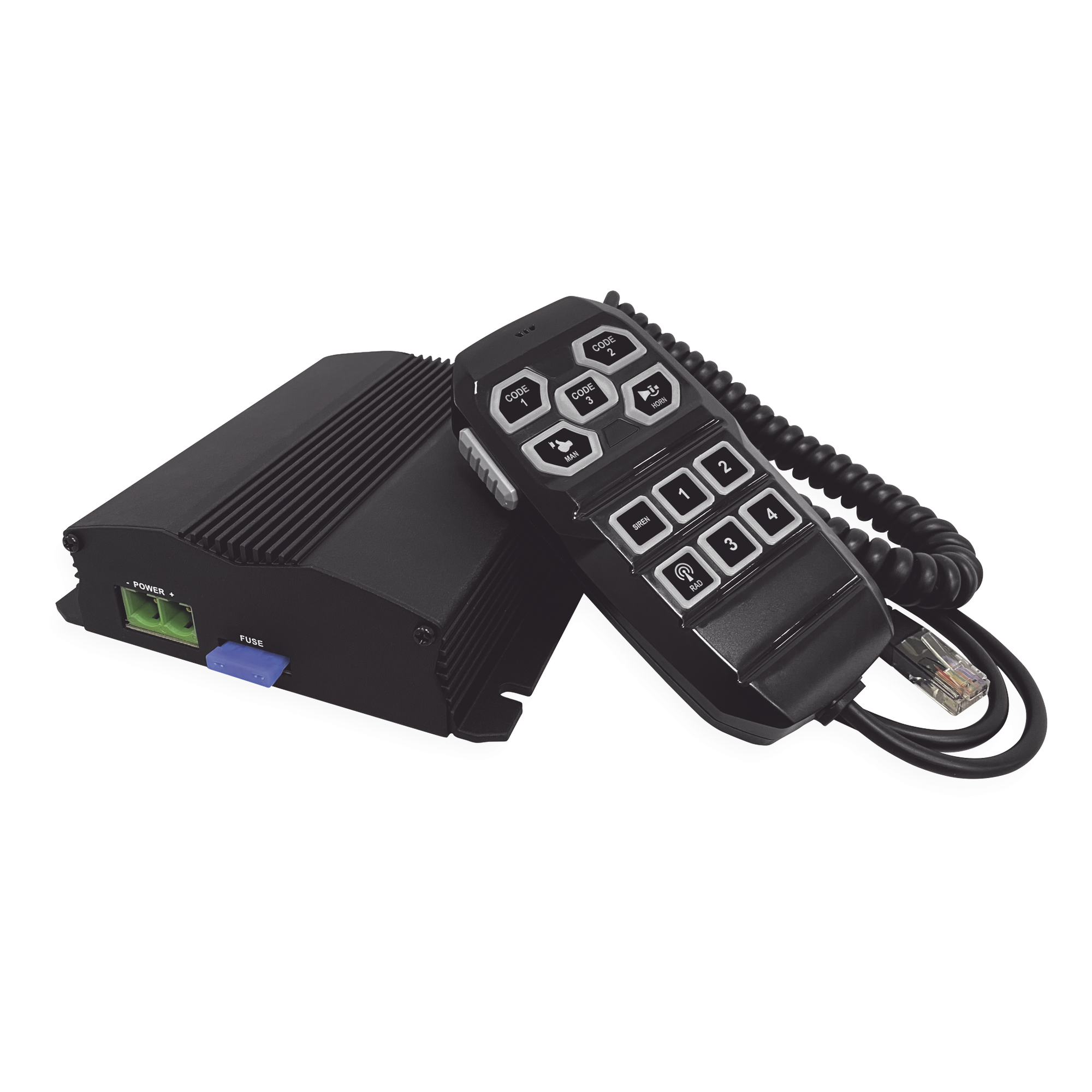 Sirena Vehicular de 100W de Potencia, Incluye Controlador Unimando Para Control de Tonos, 4 Salidas Auxiliares y Microfono